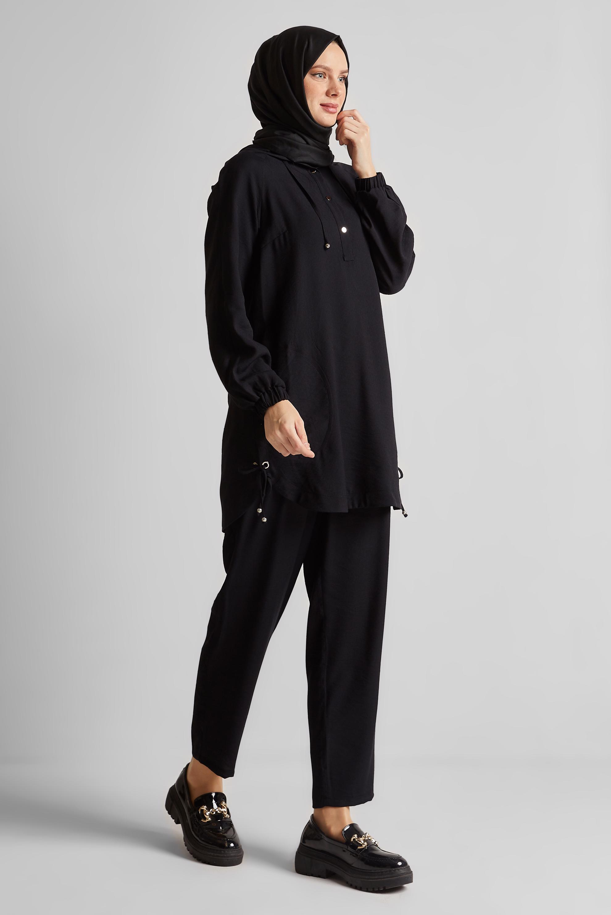 Tesettür giyim SİYAH KAPÜŞONLU PANTOLONLU TAKIM 45608