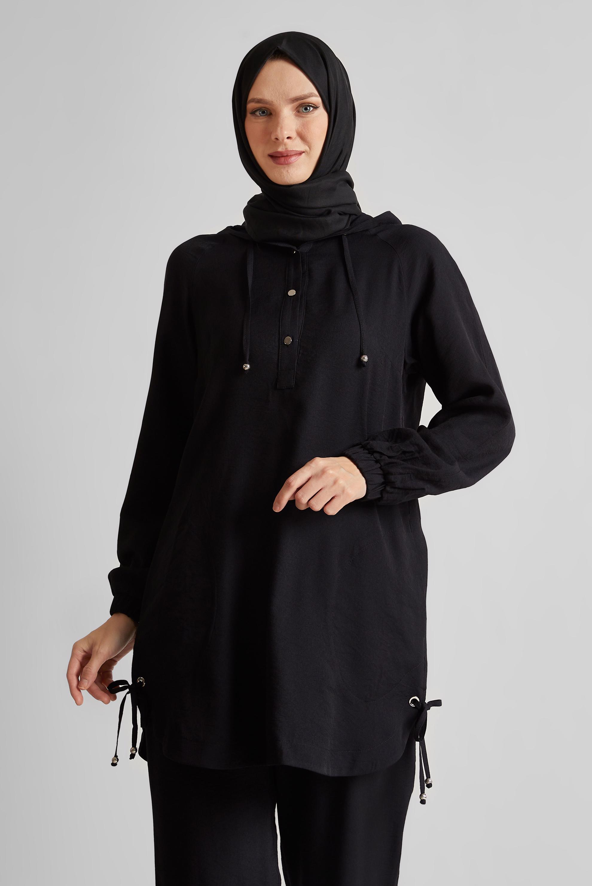 Tesettür giyim SİYAH KAPÜŞONLU PANTOLONLU TAKIM 45608