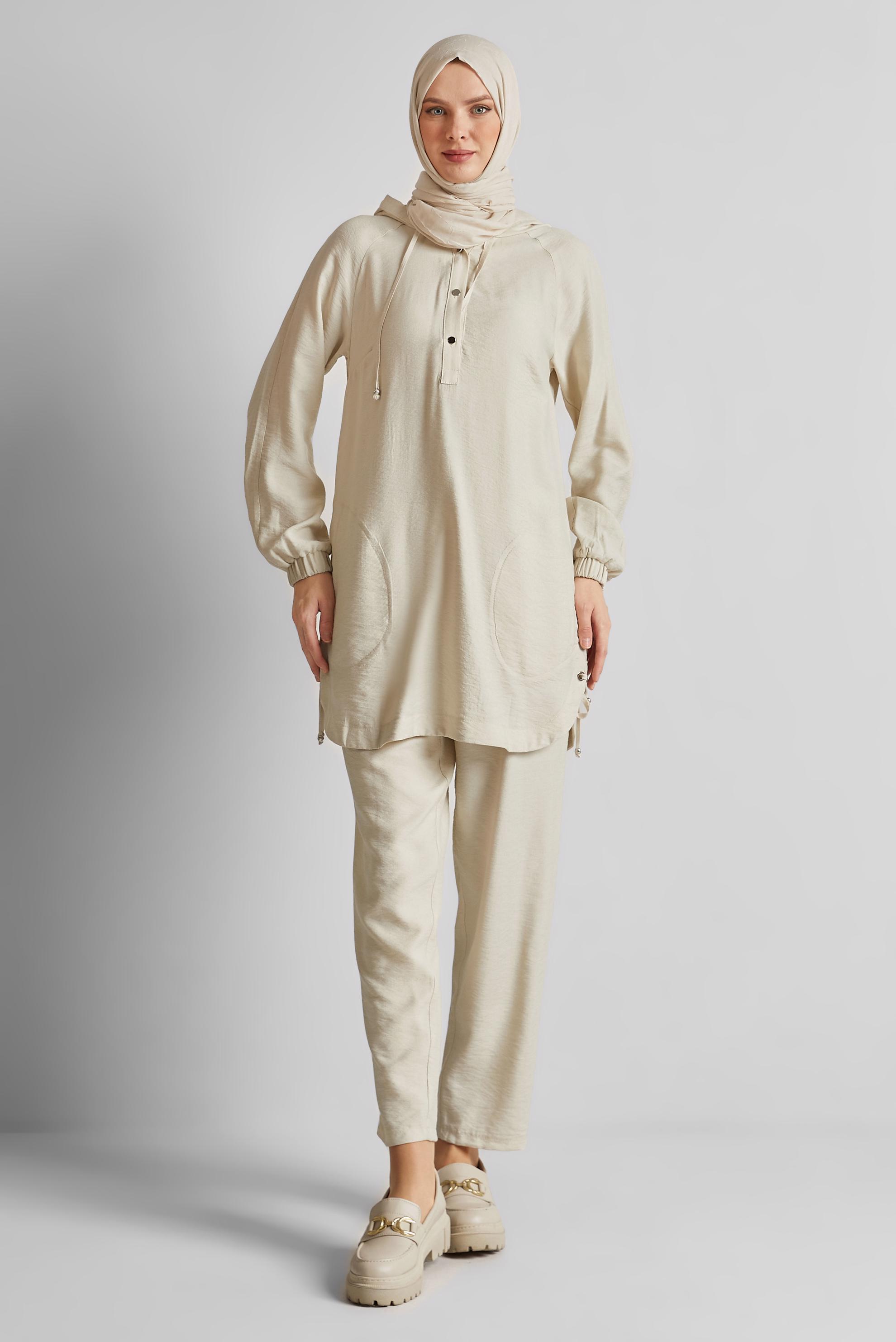 Tesettür giyim BEJ KAPÜŞONLU PANTOLONLU TAKIM 45608
