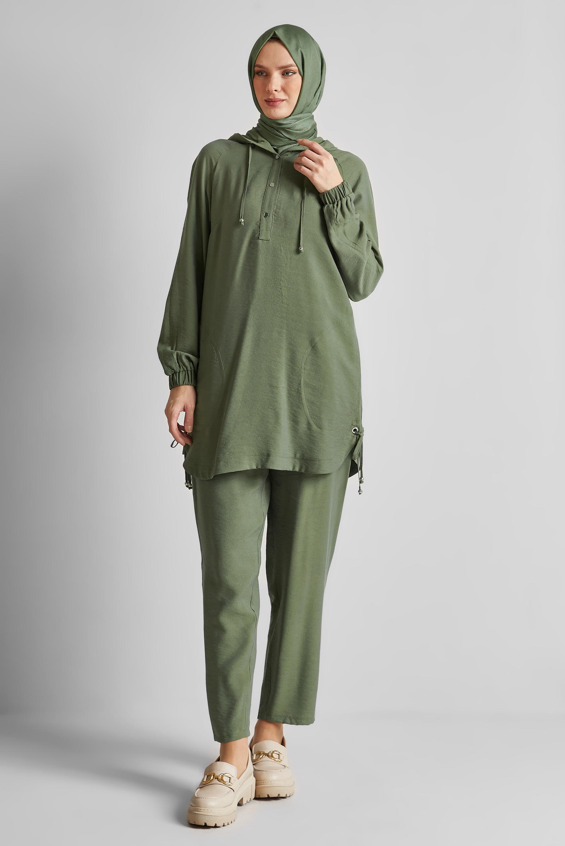 Tesettür giyim HAKİ KAPÜŞONLU PANTOLONLU TAKIM 45608