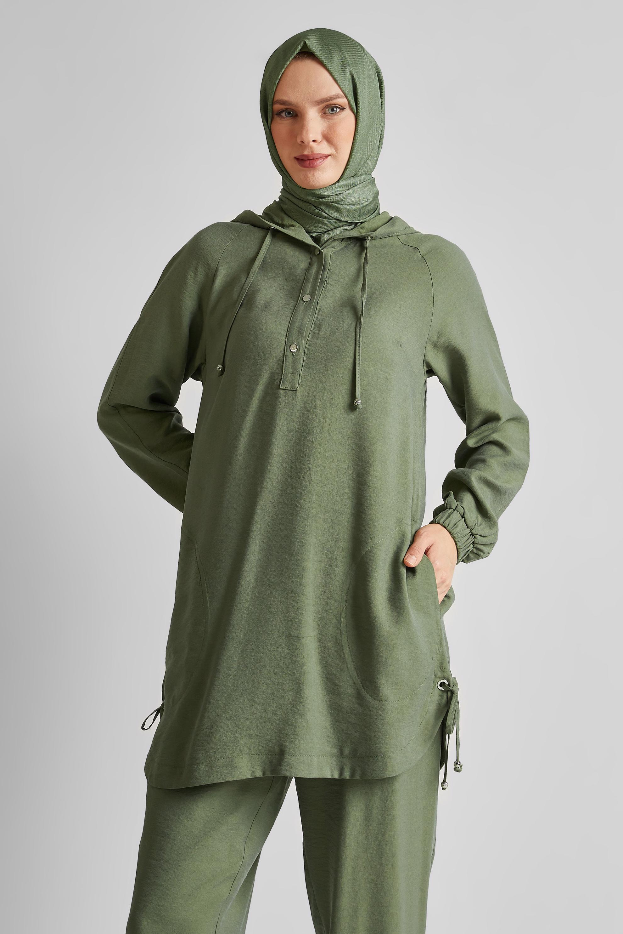 Tesettür giyim HAKİ KAPÜŞONLU PANTOLONLU TAKIM 45608