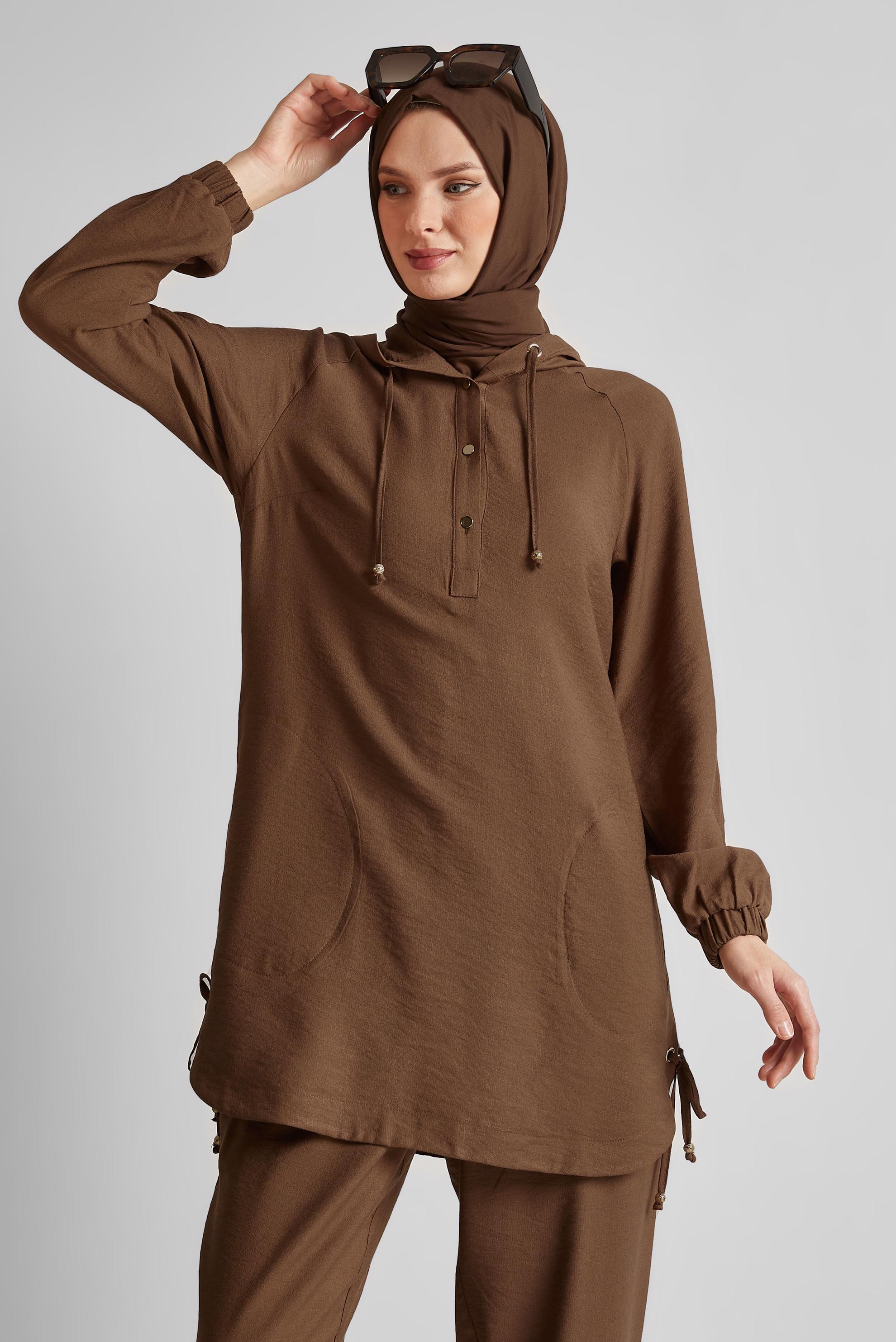 Tesettür giyim KAHVE KAPÜŞONLU PANTOLONLU TAKIM 45608