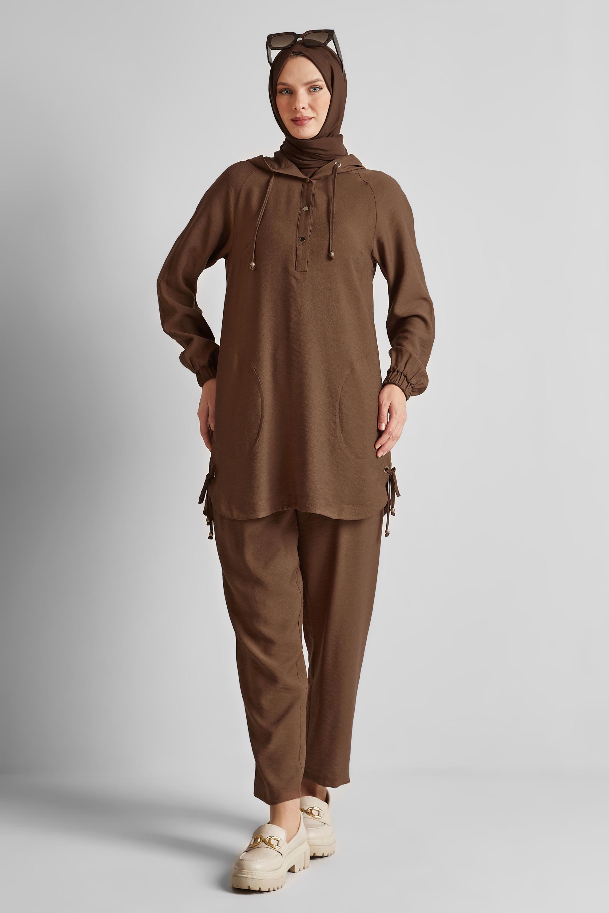 Tesettür giyim KAHVE KAPÜŞONLU PANTOLONLU TAKIM 45608