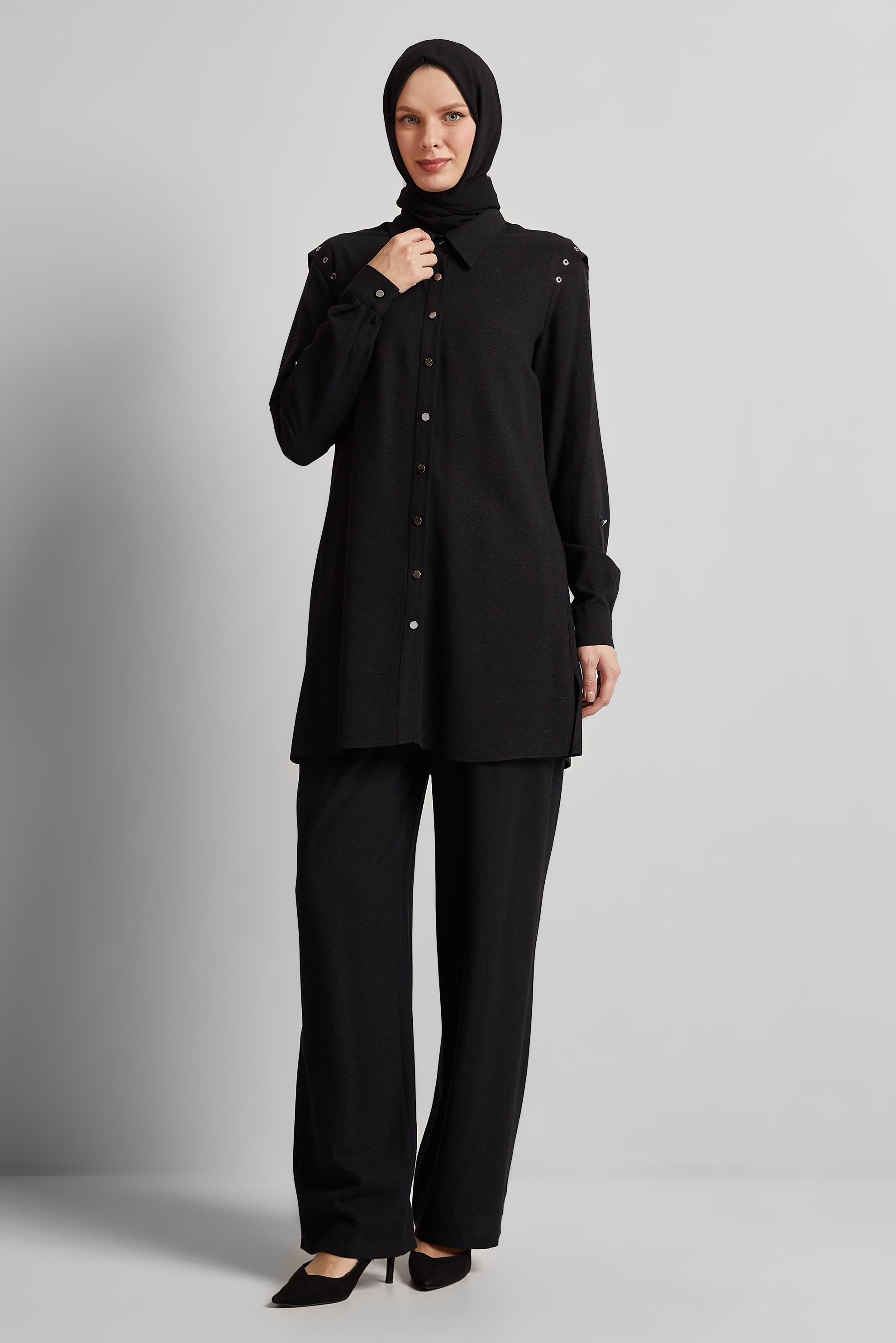 Tesettür giyim SİYAH PANTOLONLU VİSKON KETEN TAKIM 45612