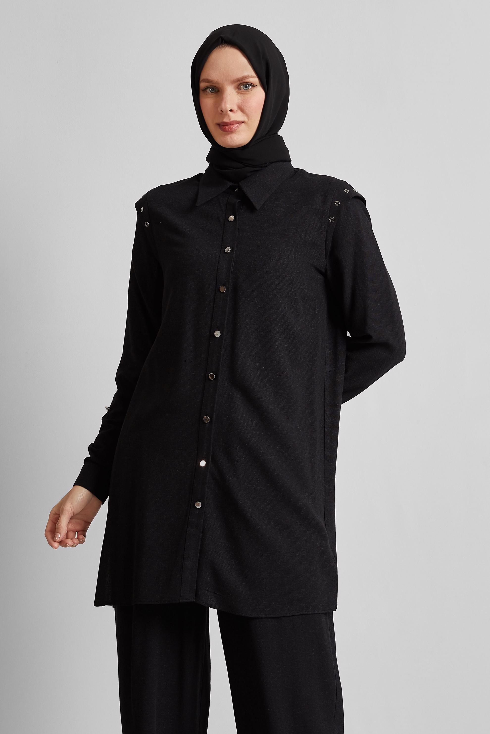 Tesettür giyim SİYAH PANTOLONLU VİSKON KETEN TAKIM 45612