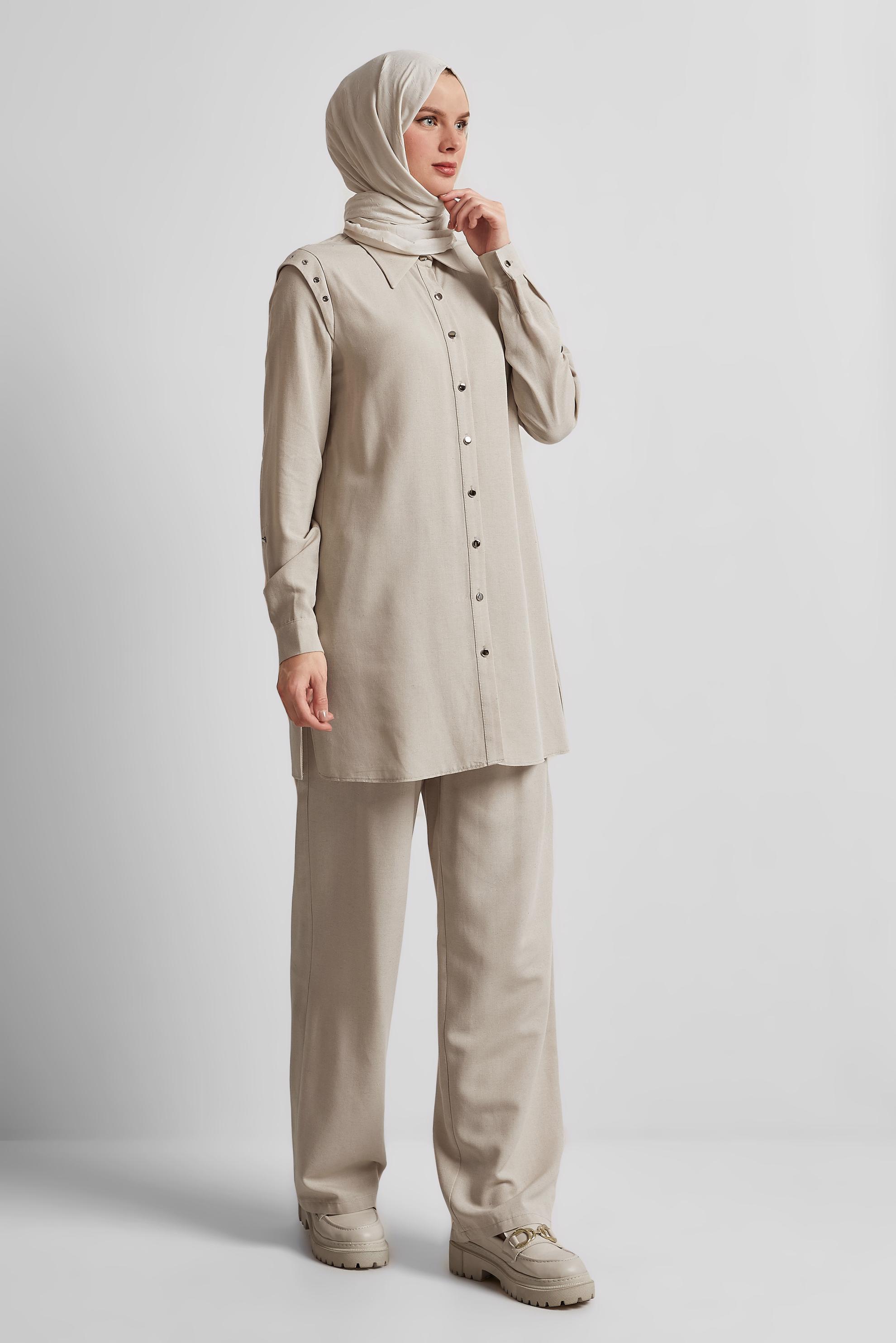 Tesettür giyim BEJ PANTOLONLU VİSKON KETEN TAKIM 45612