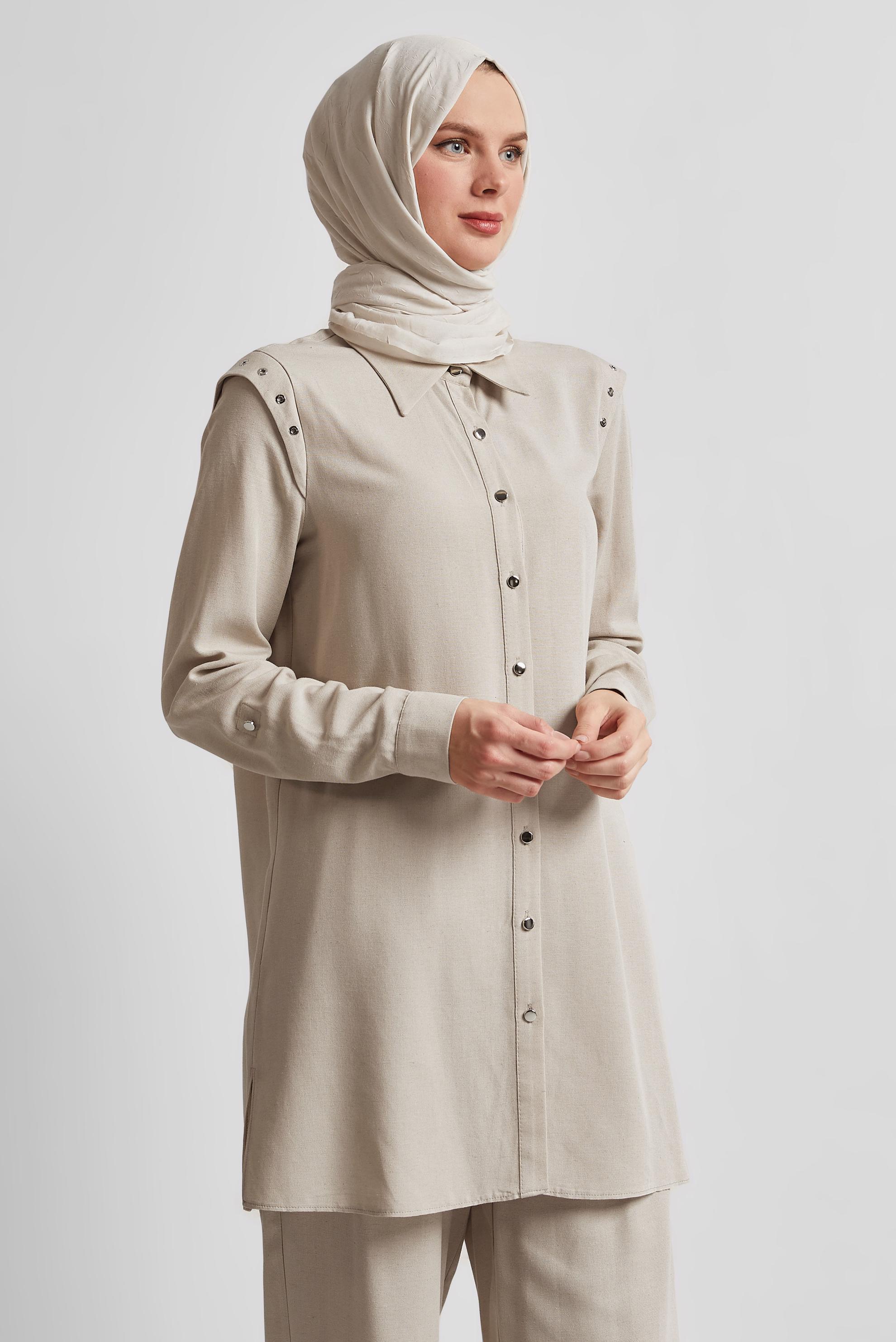 Tesettür giyim BEJ PANTOLONLU VİSKON KETEN TAKIM 45612