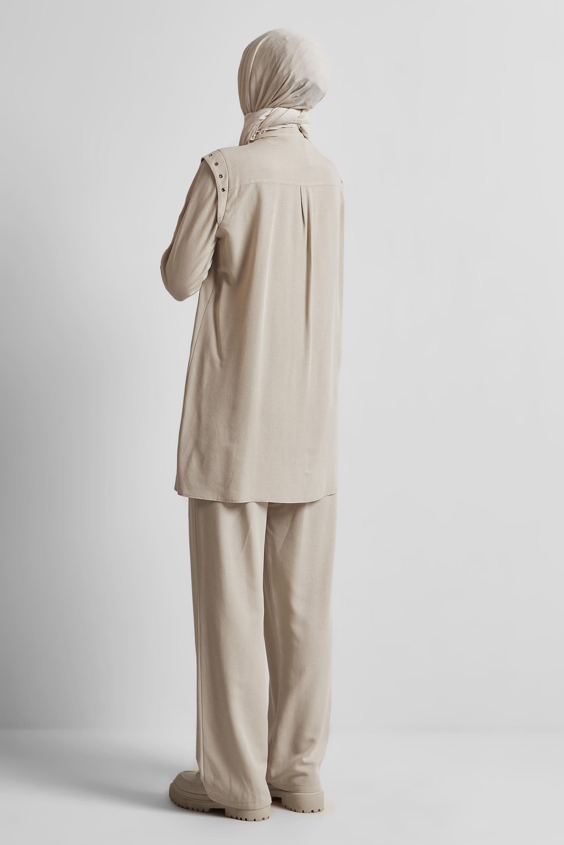 Tesettür giyim BEJ PANTOLONLU VİSKON KETEN TAKIM 45612