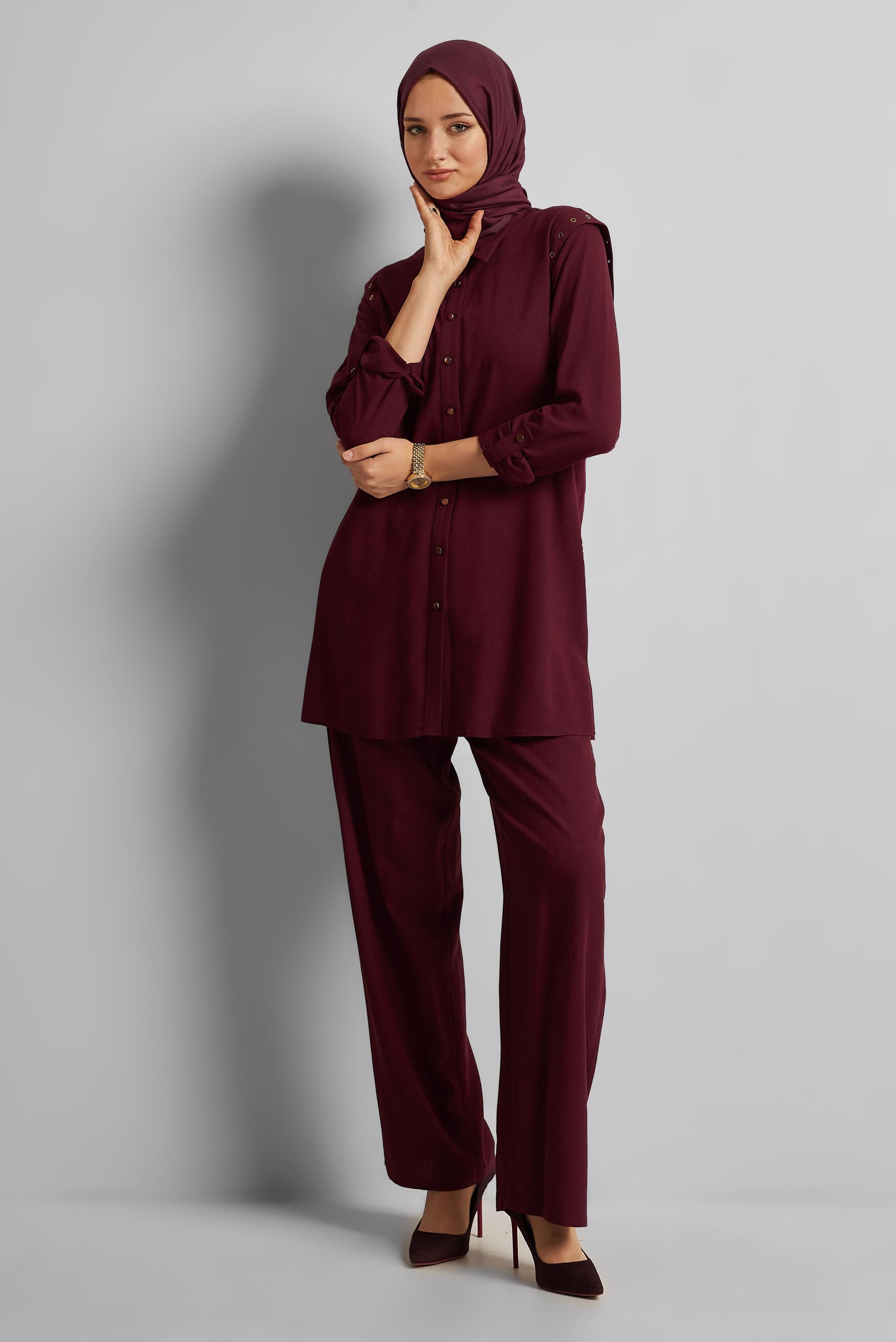 Tesettür giyim BORDO PANTOLONLU VİSKON KETEN TAKIM 45612