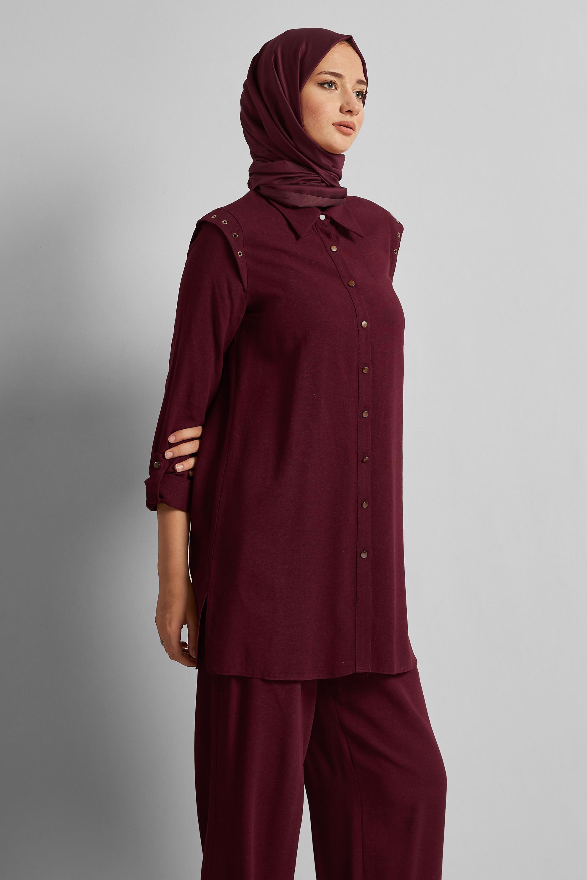 Tesettür giyim BORDO PANTOLONLU VİSKON KETEN TAKIM 45612