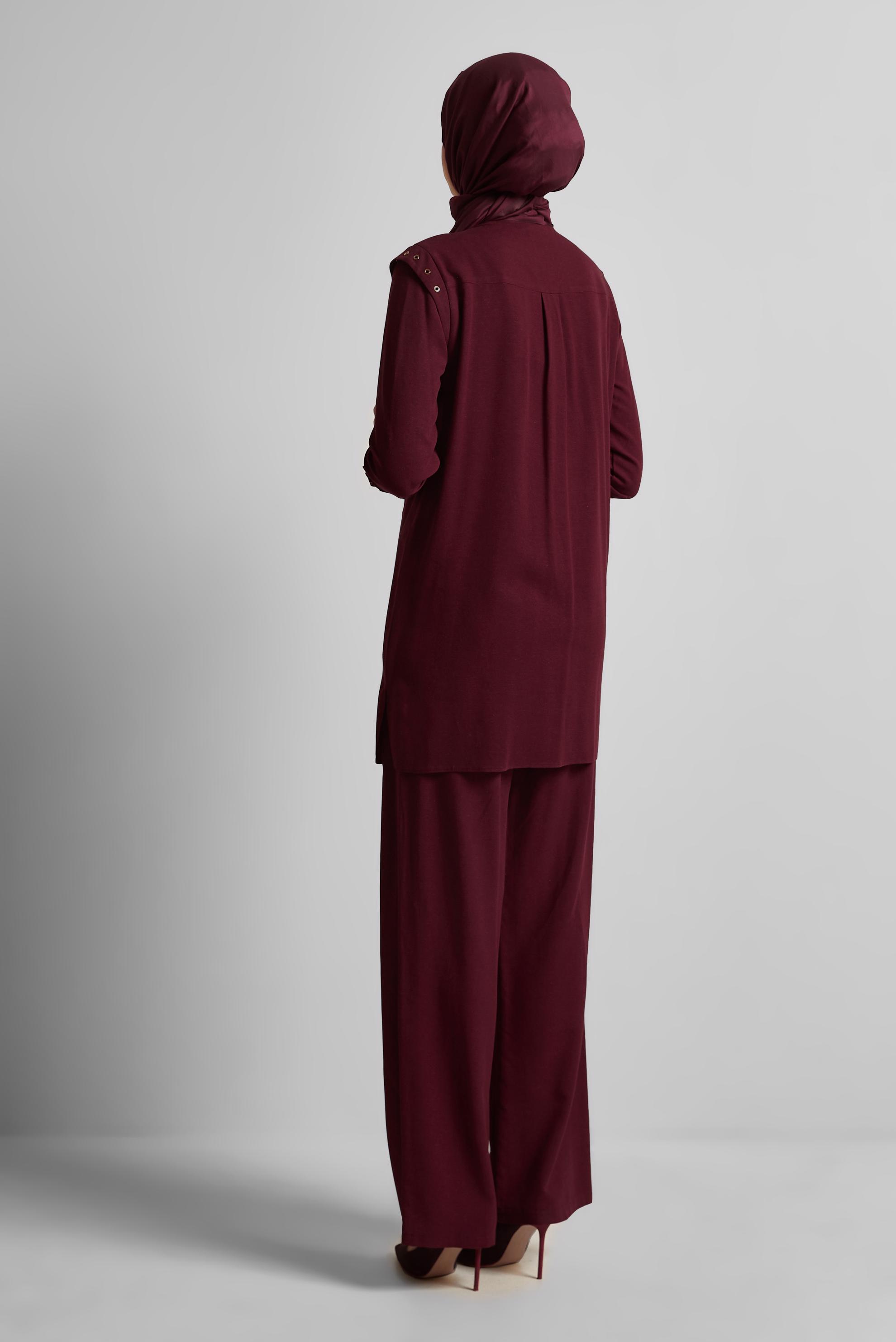 Tesettür giyim BORDO PANTOLONLU VİSKON KETEN TAKIM 45612
