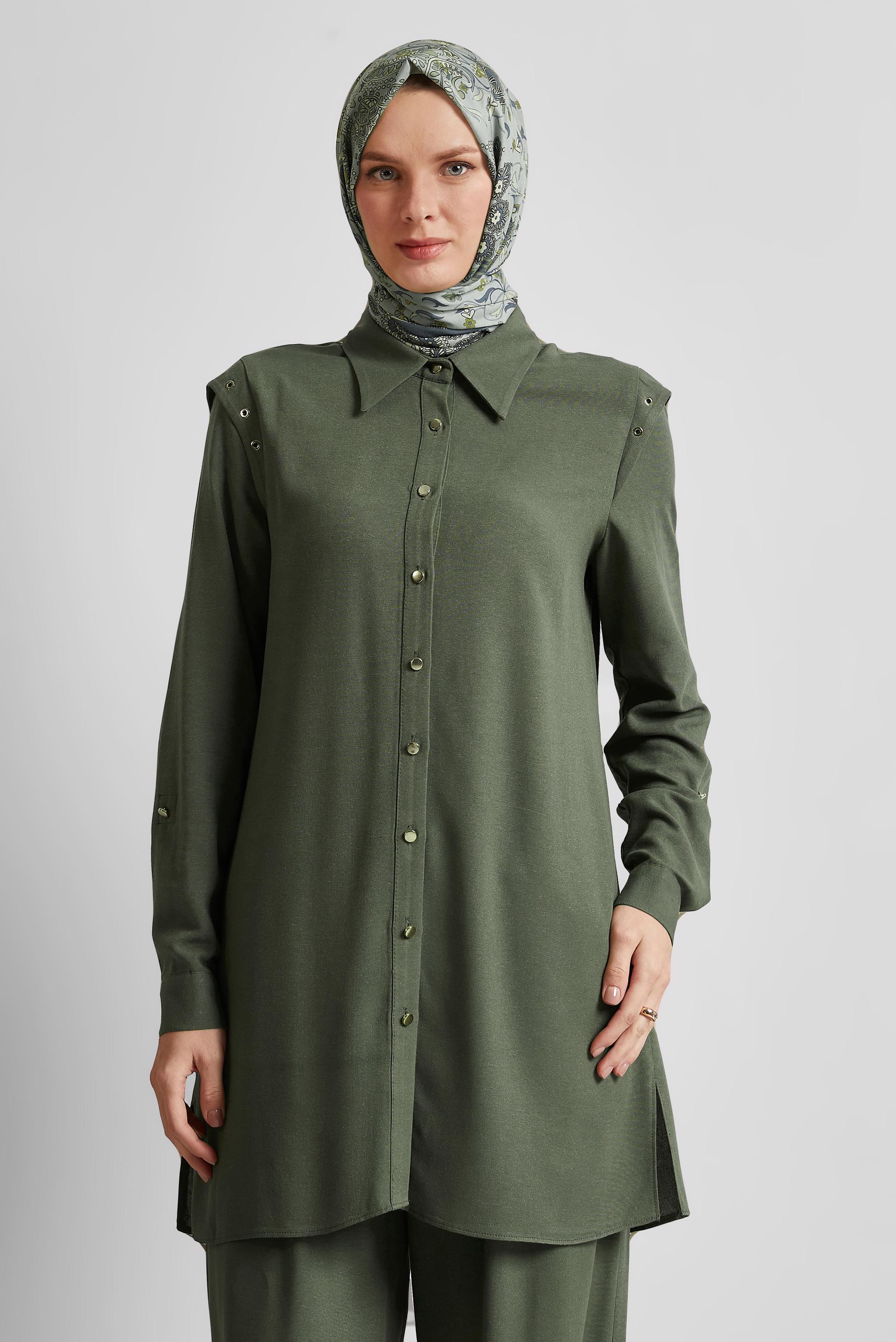 Tesettür giyim HAKİ PANTOLONLU VİSKON KETEN TAKIM 45612