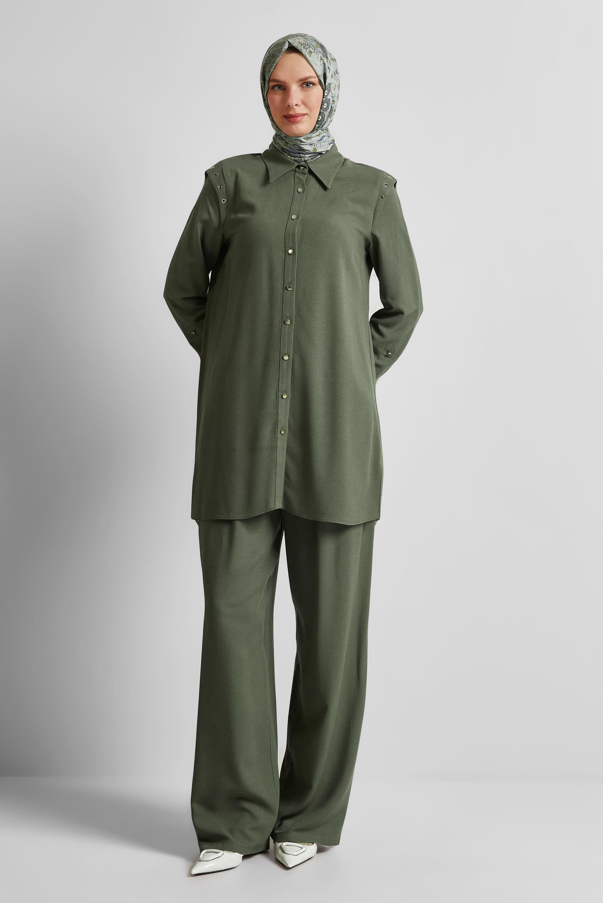 Tesettür giyim HAKİ PANTOLONLU VİSKON KETEN TAKIM 45612