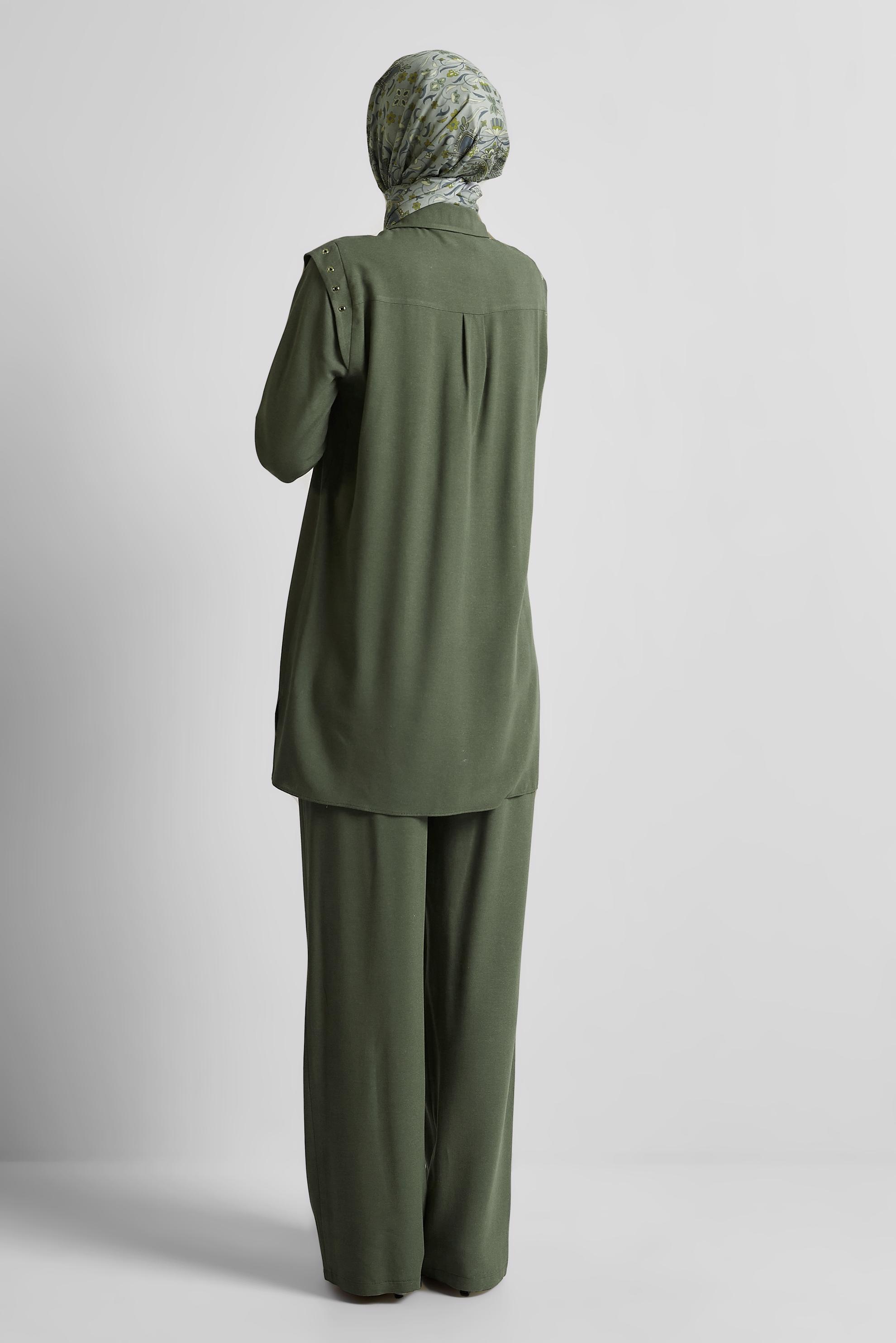 Tesettür giyim HAKİ PANTOLONLU VİSKON KETEN TAKIM 45612