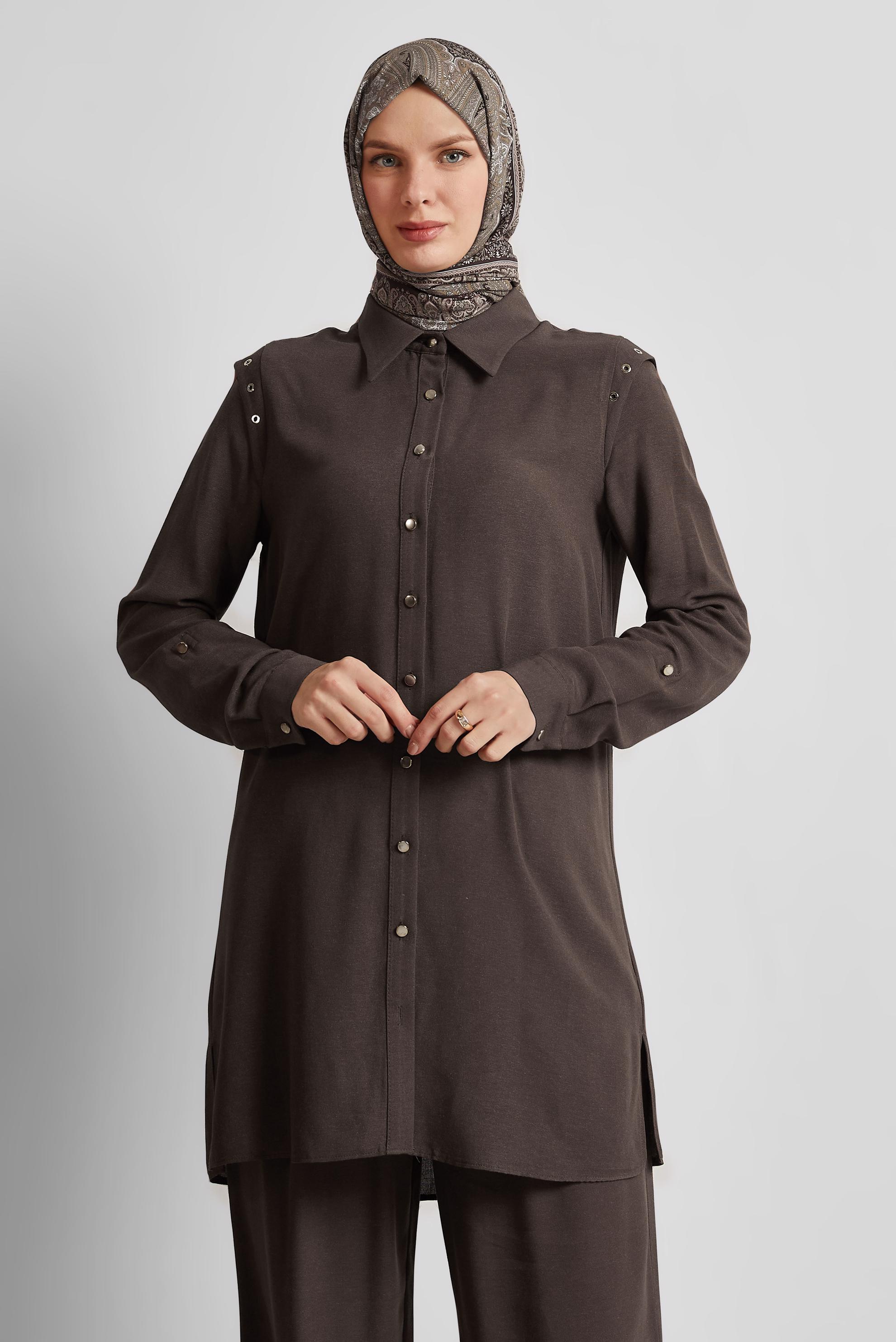 Tesettür giyim KAHVE PANTOLONLU VİSKON KETEN TAKIM 45612