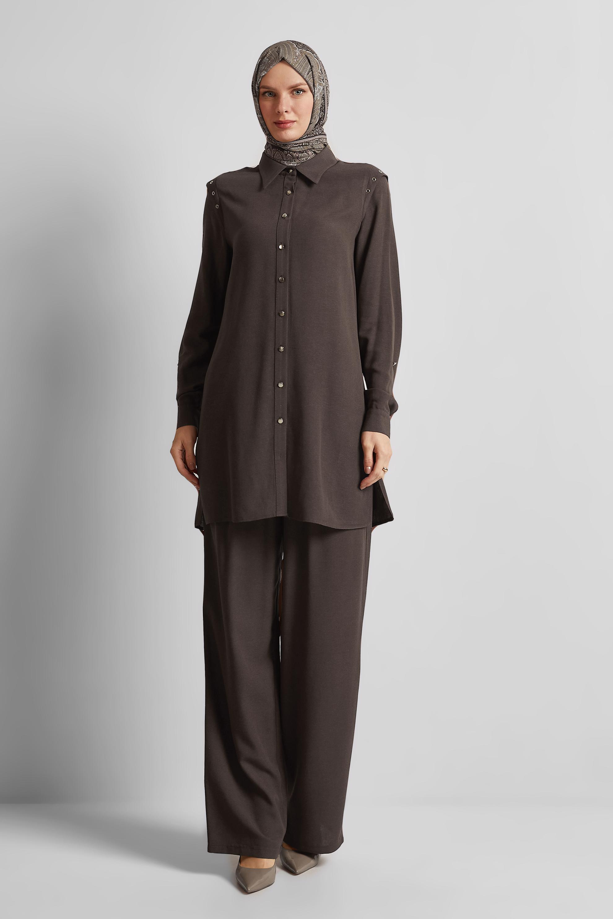 Tesettür giyim KAHVE PANTOLONLU VİSKON KETEN TAKIM 45612