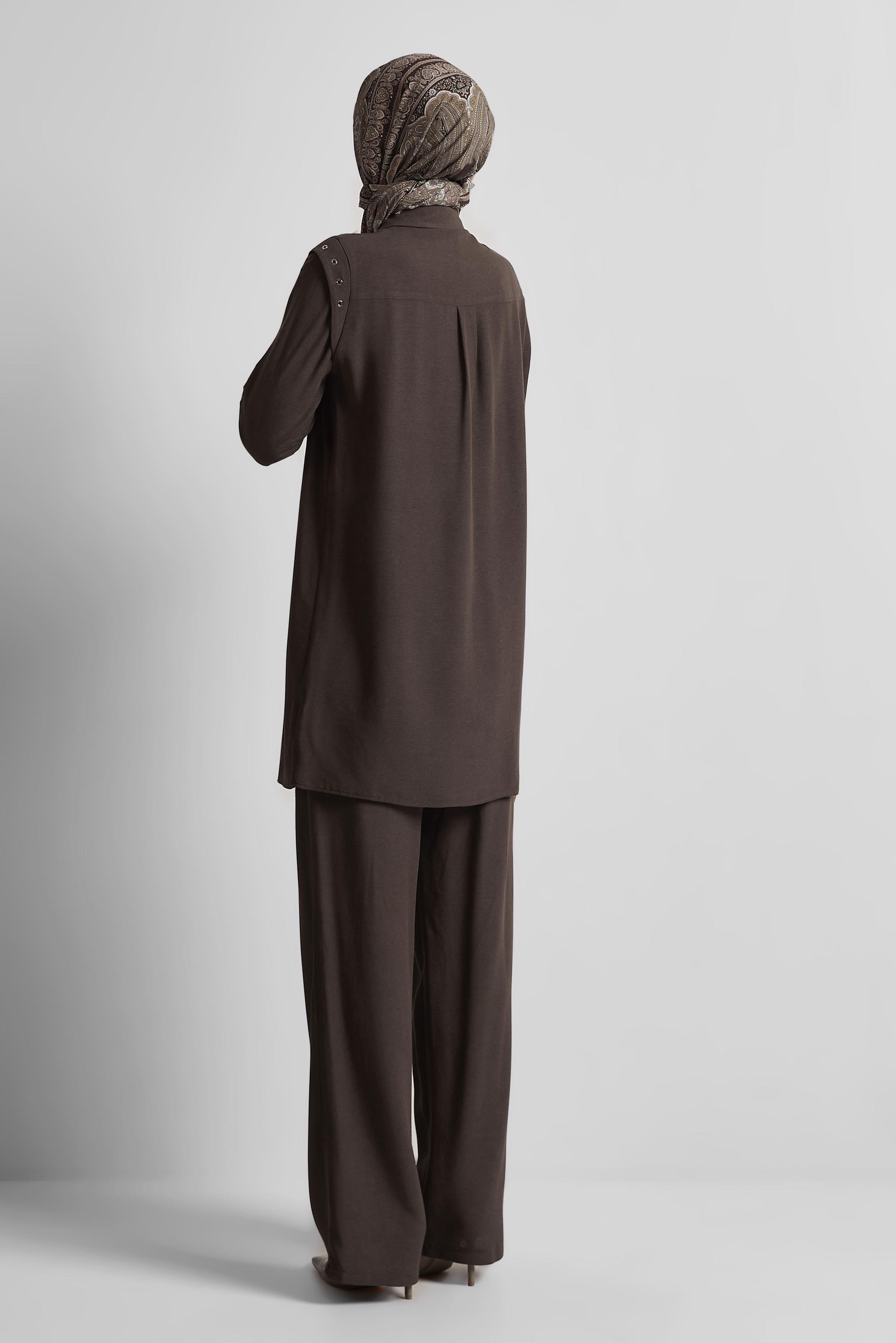 Tesettür giyim KAHVE PANTOLONLU VİSKON KETEN TAKIM 45612