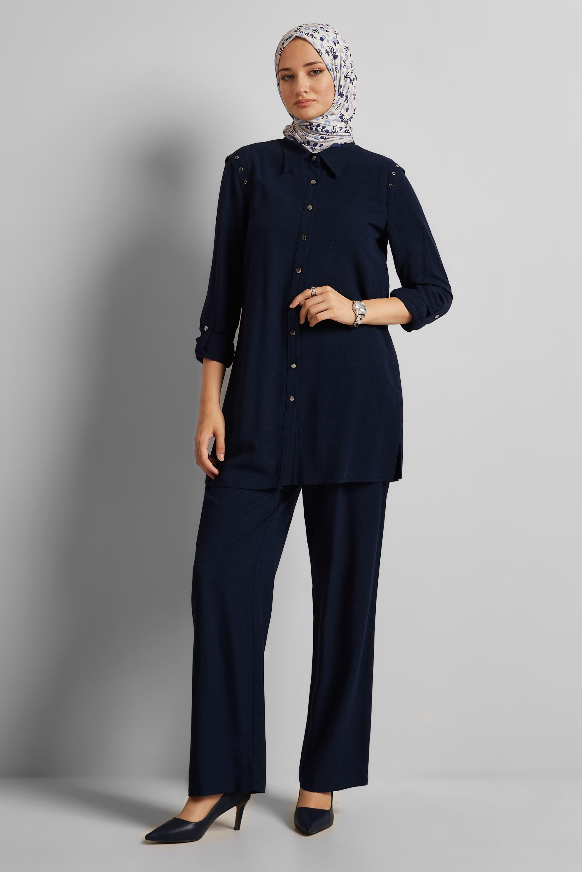 Vêtements hijab BLEU MARINE COSTUME PANTALON EN LIN VISCOSE 45612