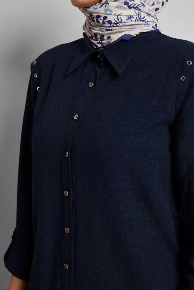 Tesettür giyim LACİVERT PANTOLONLU VİSKON KETEN TAKIM 45612 - ALVİNA