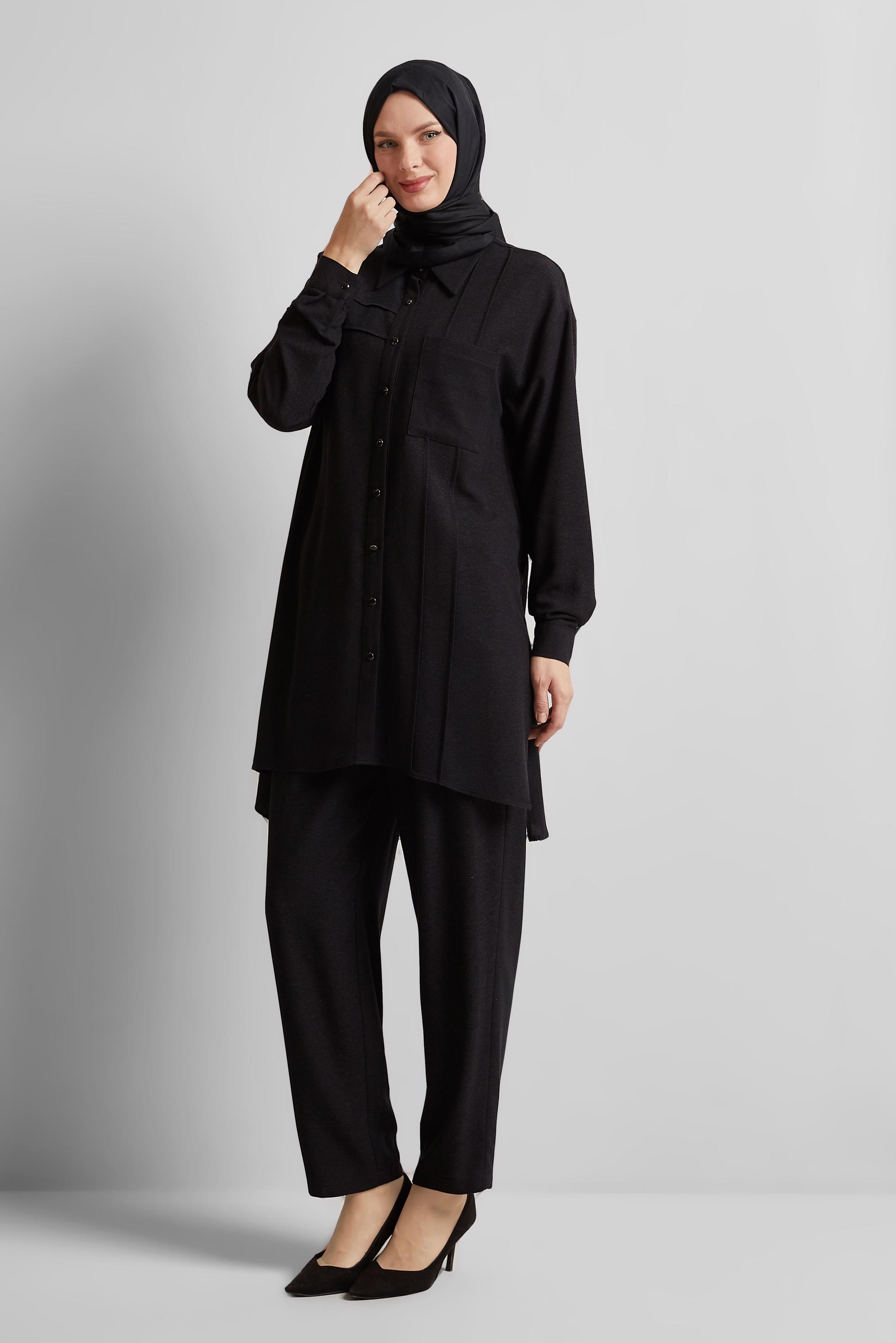 Tesettür giyim SİYAH PANTOLONLU VİSKON KETEN TAKIM 45613