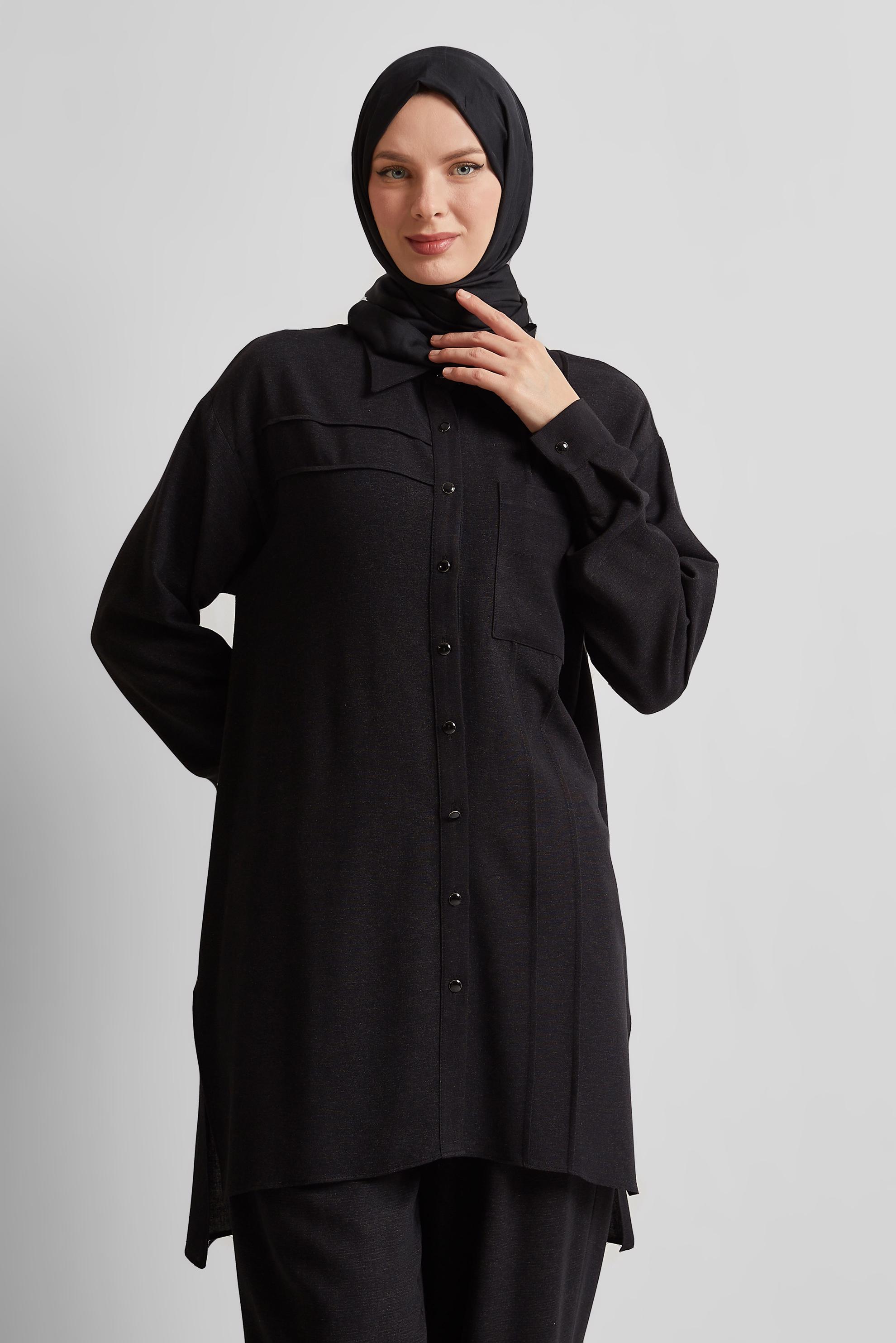 Tesettür giyim SİYAH PANTOLONLU VİSKON KETEN TAKIM 45613