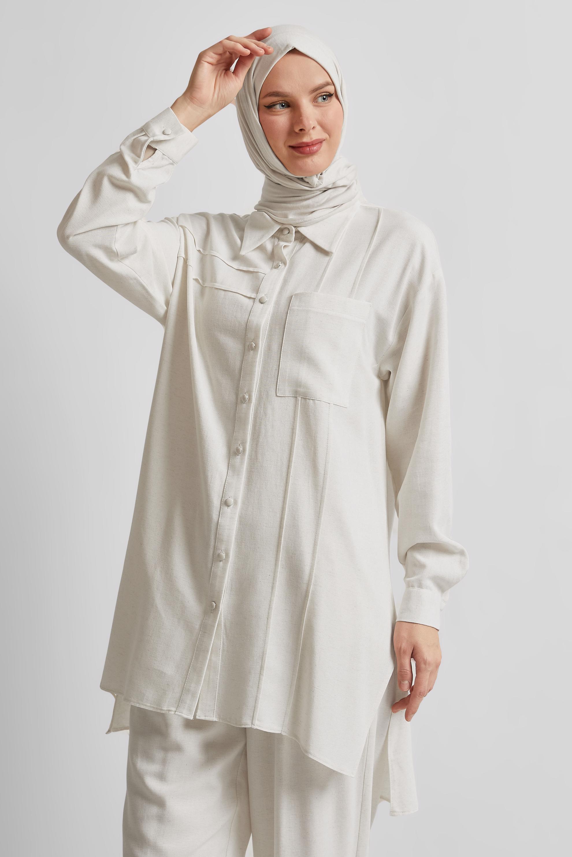 Tesettür giyim BEYAZ PANTOLONLU VİSKON KETEN TAKIM 45613