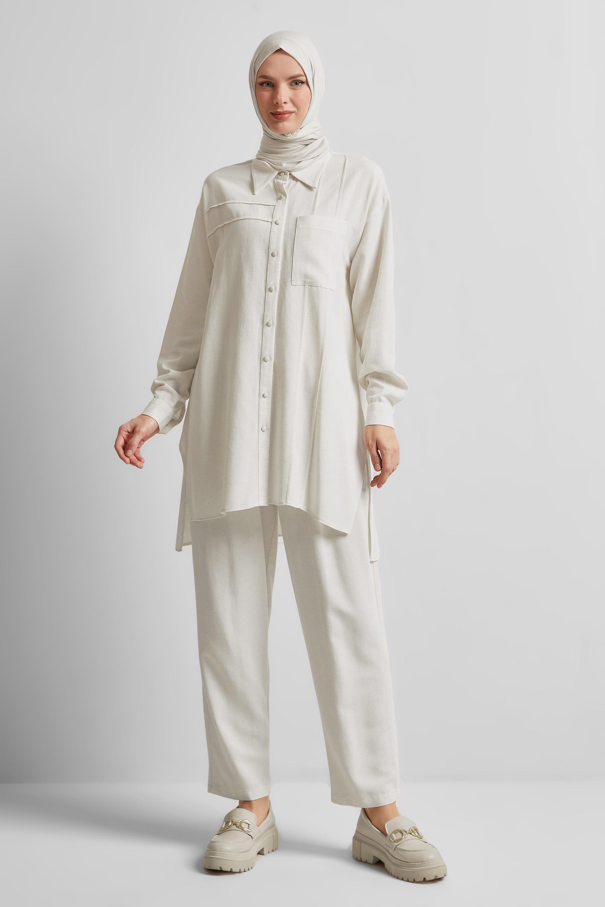 Tesettür giyim BEYAZ PANTOLONLU VİSKON KETEN TAKIM 45613