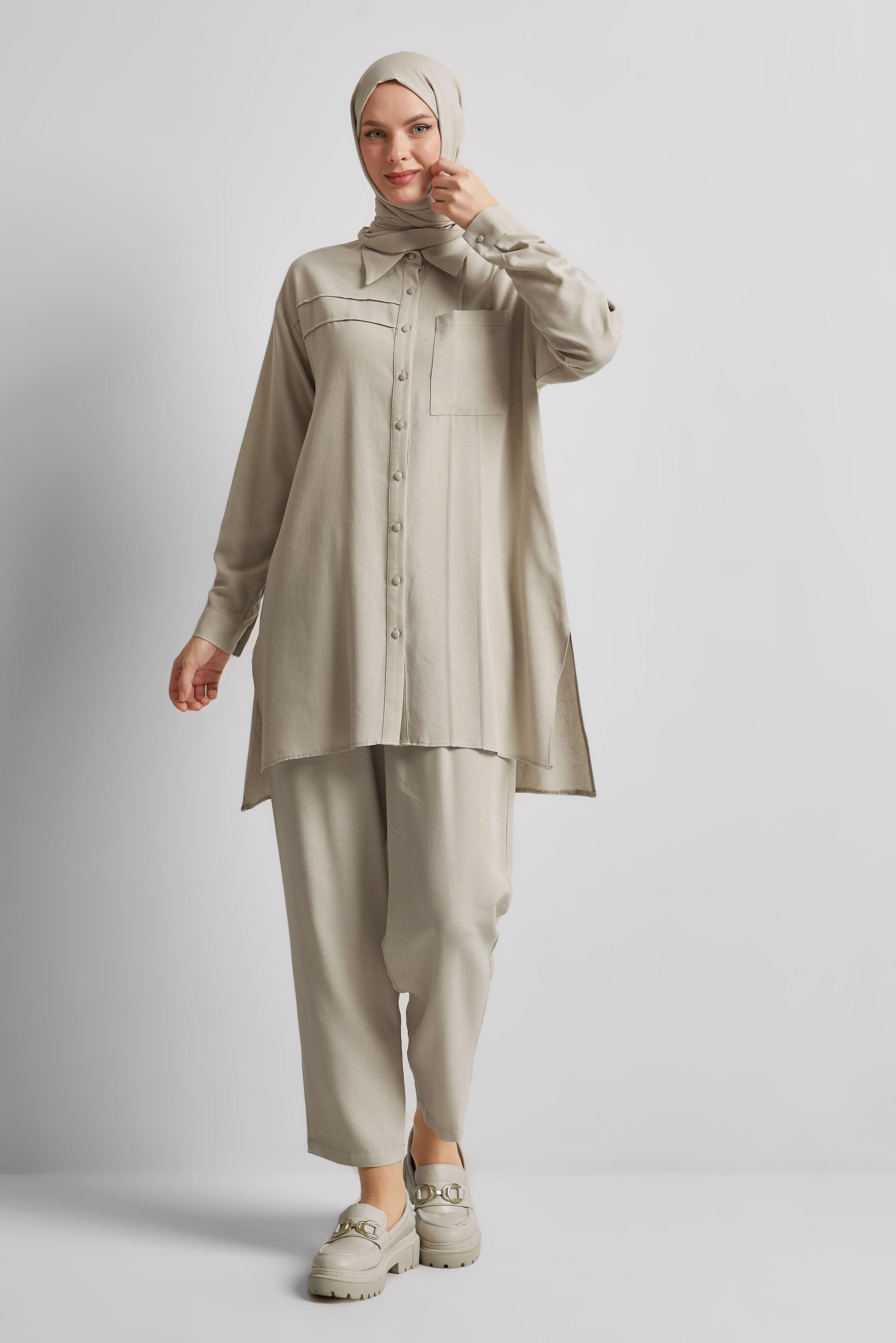 Tesettür giyim BEJ PANTOLONLU VİSKON KETEN TAKIM 45613