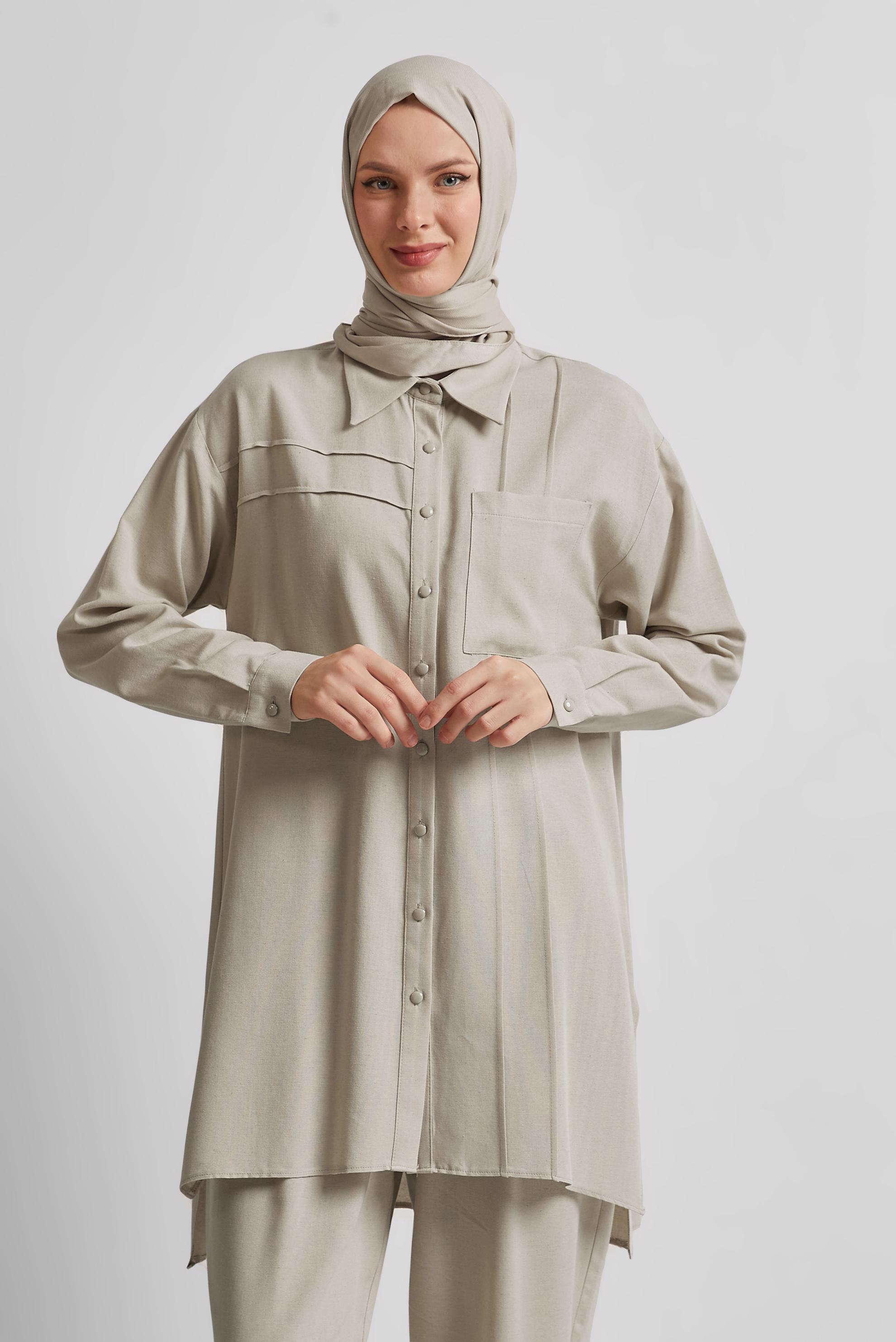 Tesettür giyim BEJ PANTOLONLU VİSKON KETEN TAKIM 45613