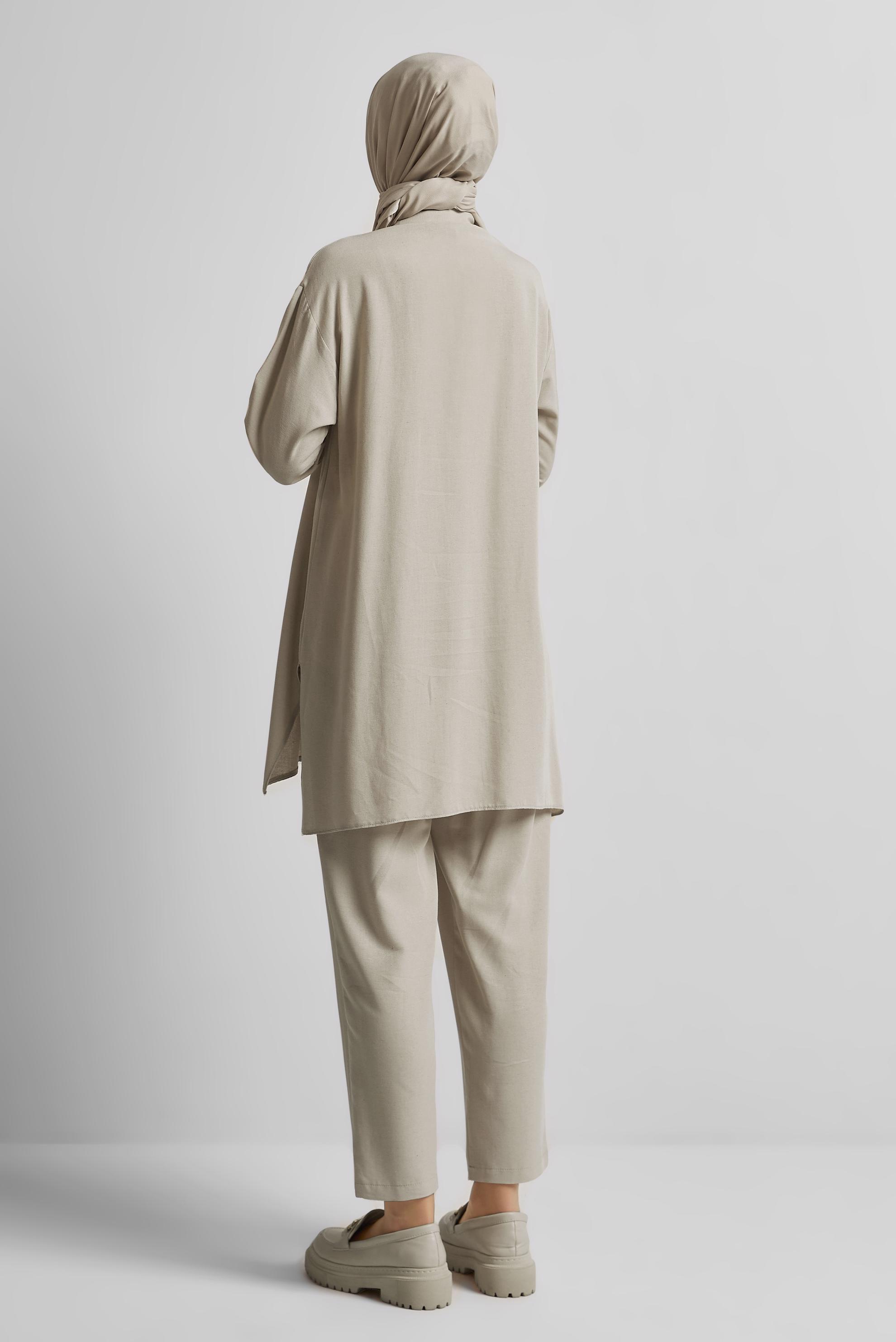 Tesettür giyim BEJ PANTOLONLU VİSKON KETEN TAKIM 45613