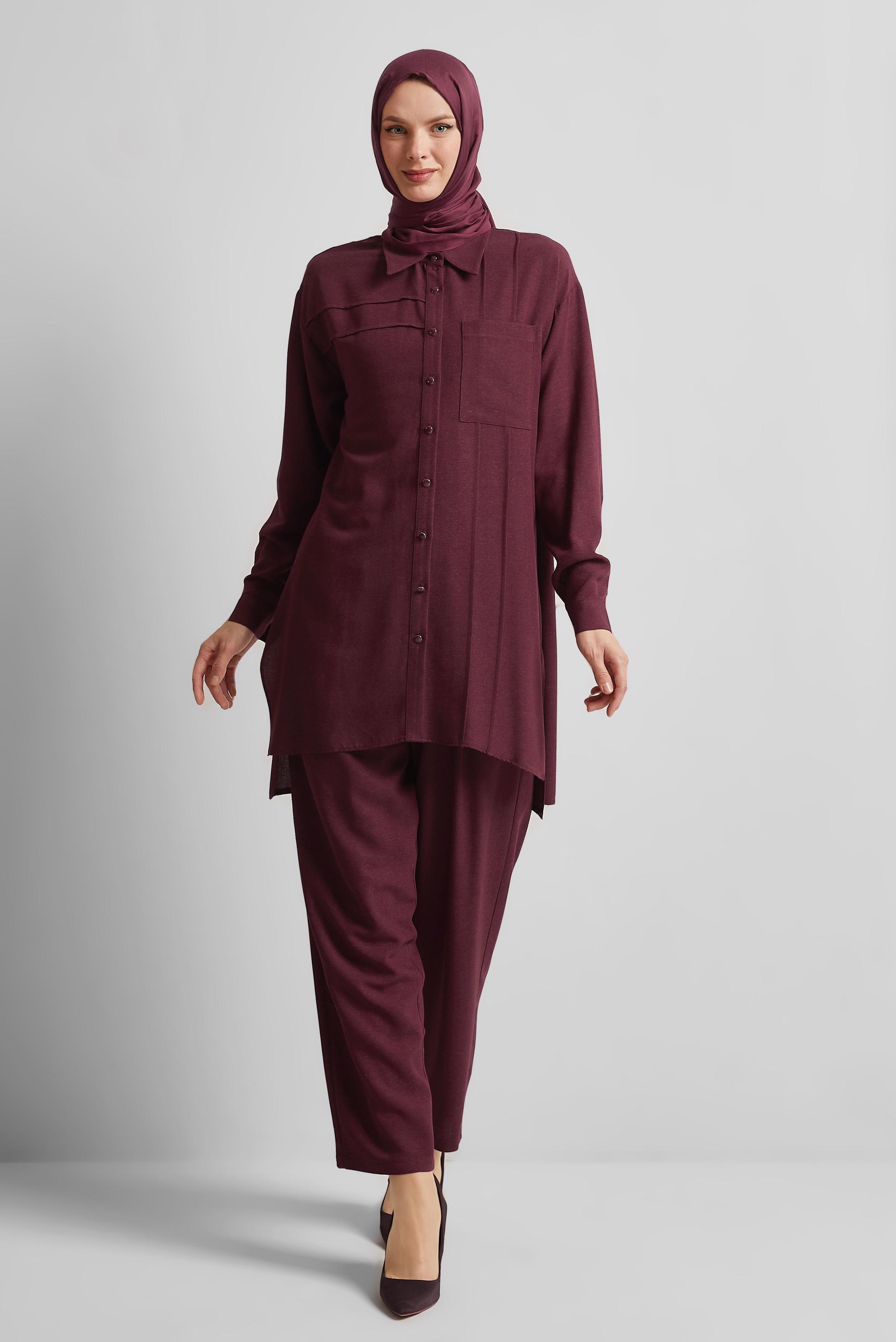 Tesettür giyim BORDO PANTOLONLU VİSKON KETEN TAKIM 45613