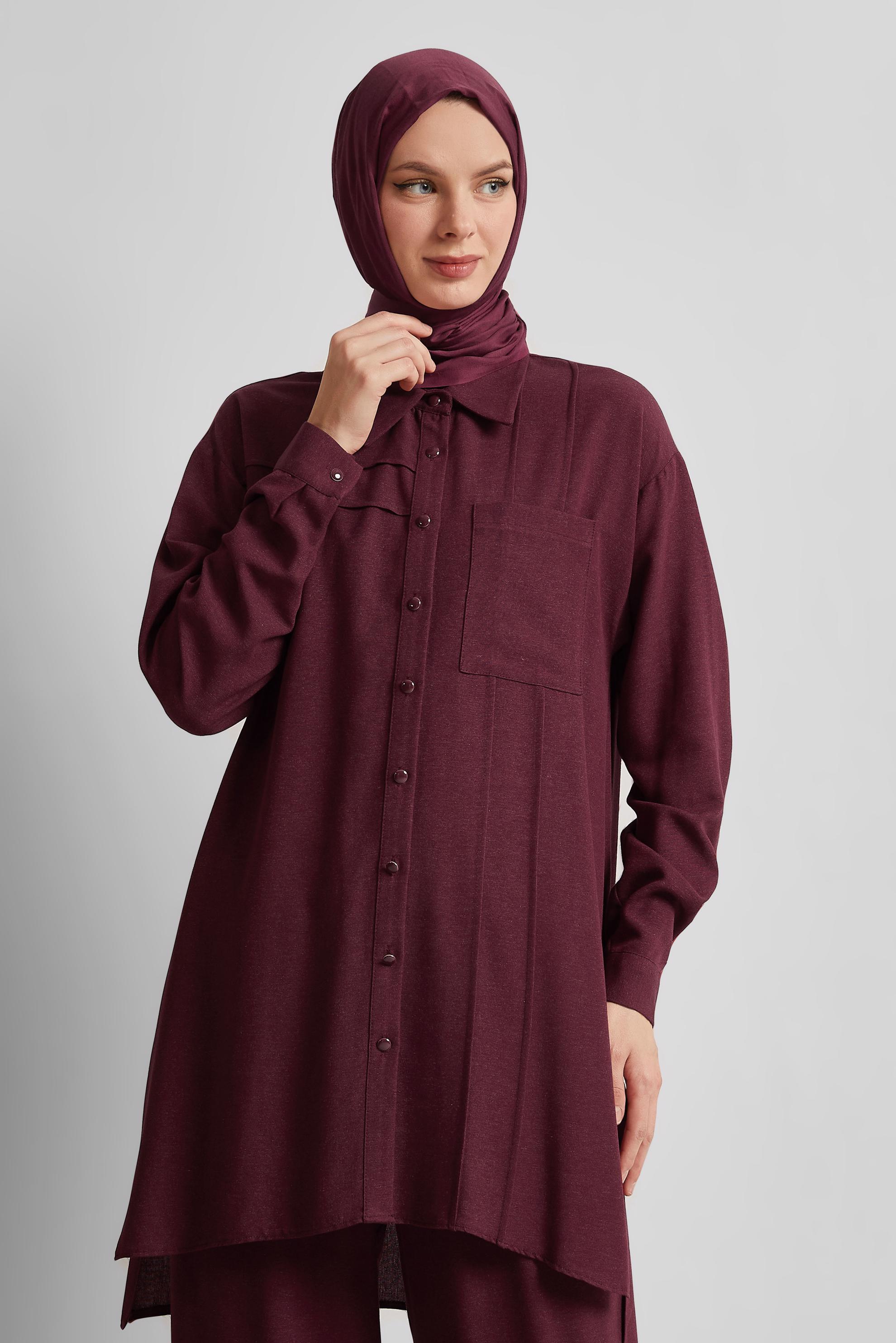 Tesettür giyim BORDO PANTOLONLU VİSKON KETEN TAKIM 45613