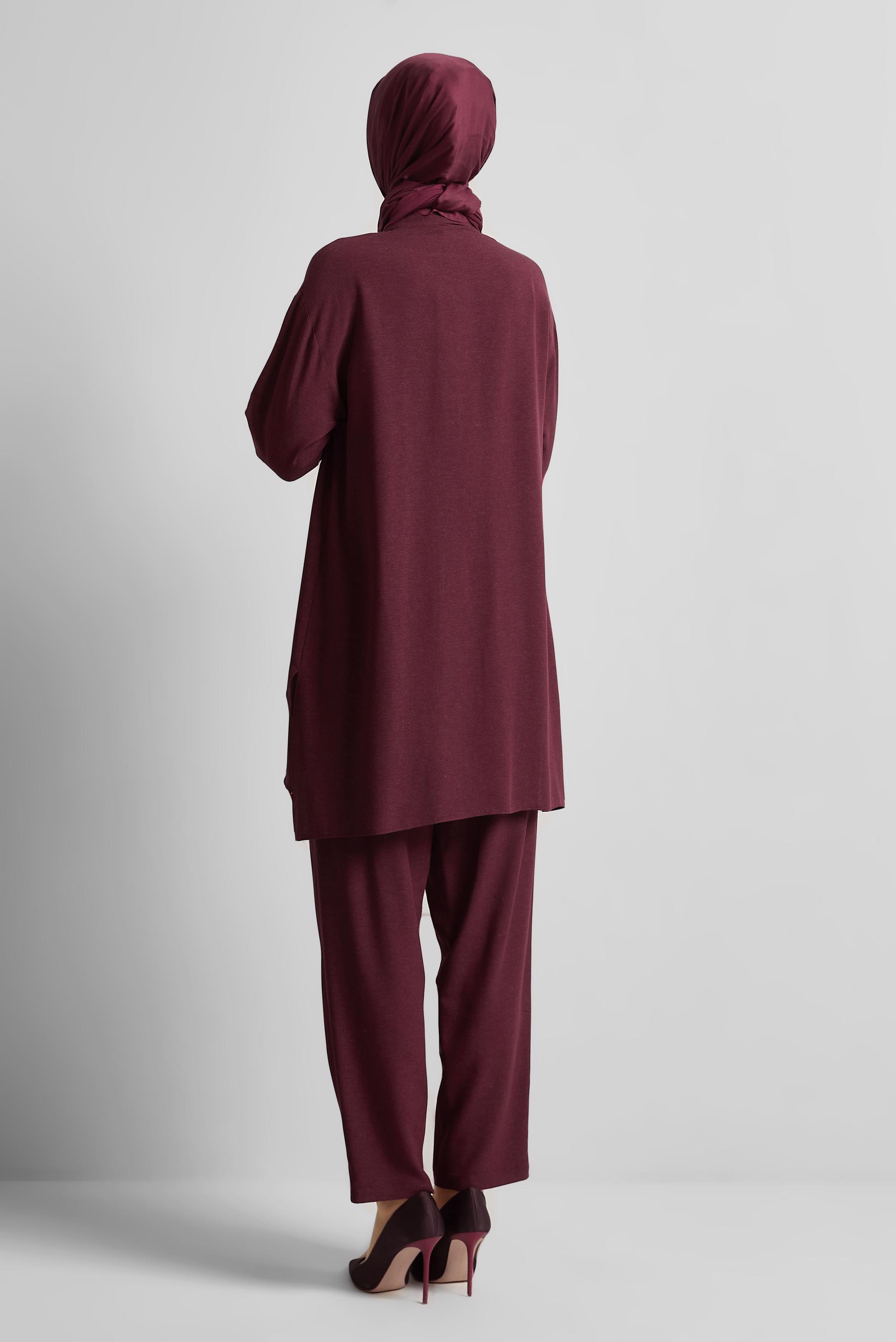 Tesettür giyim BORDO PANTOLONLU VİSKON KETEN TAKIM 45613