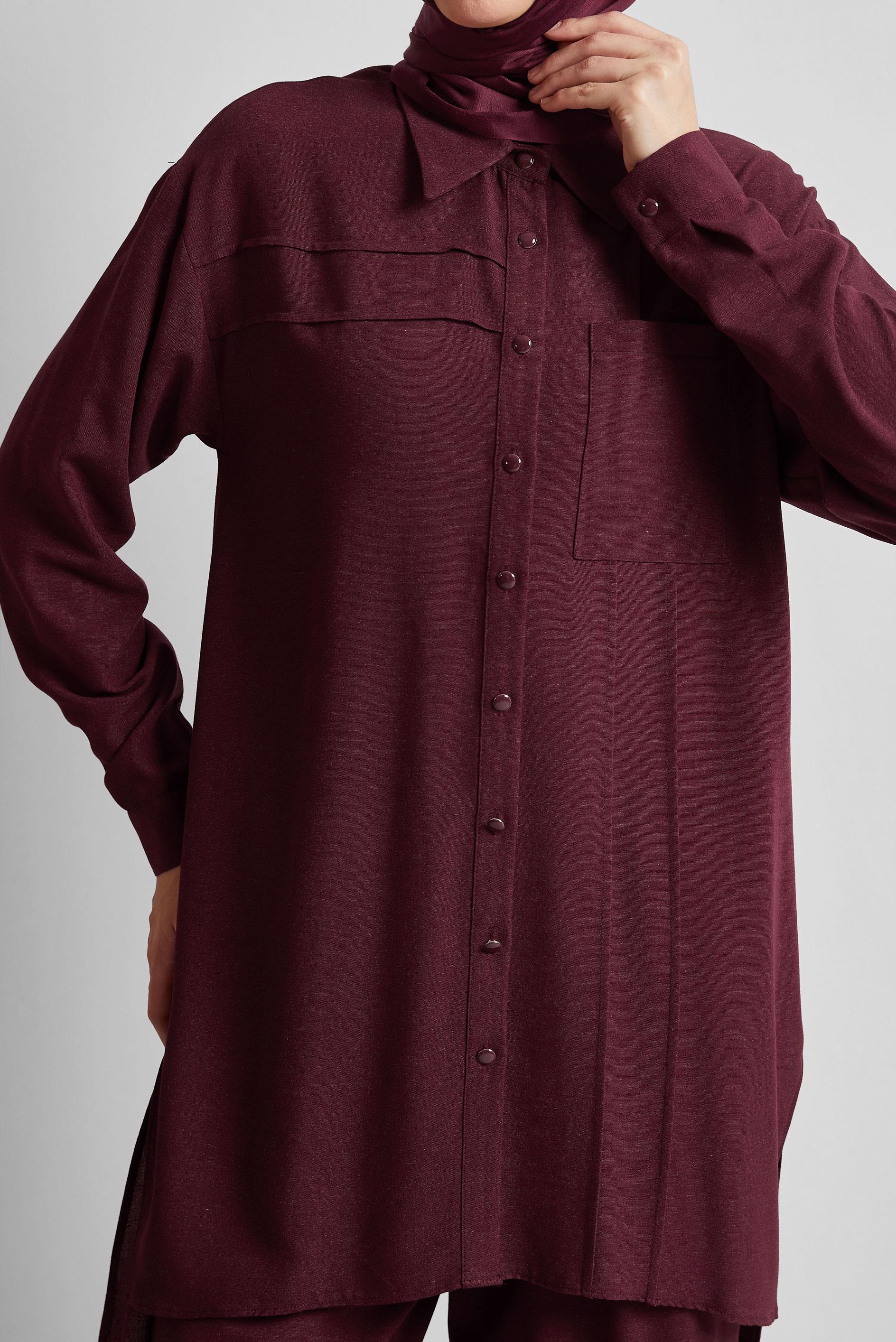 Tesettür giyim BORDO PANTOLONLU VİSKON KETEN TAKIM 45613