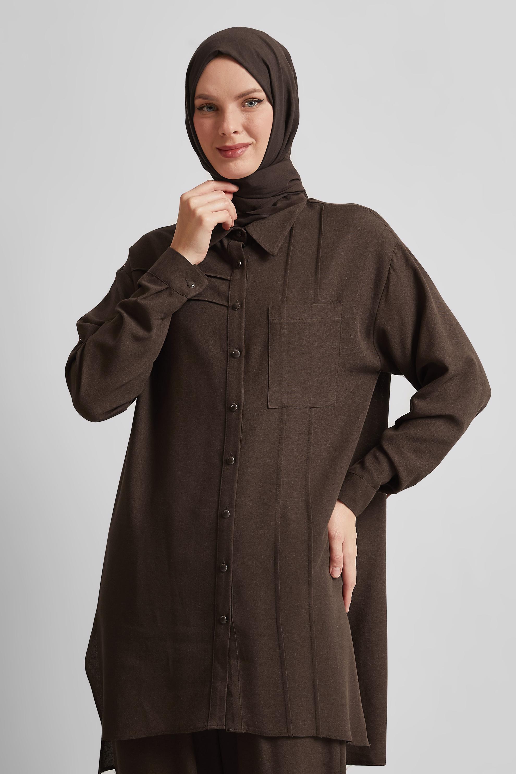 Tesettür giyim KAHVE PANTOLONLU VİSKON KETEN TAKIM 45613