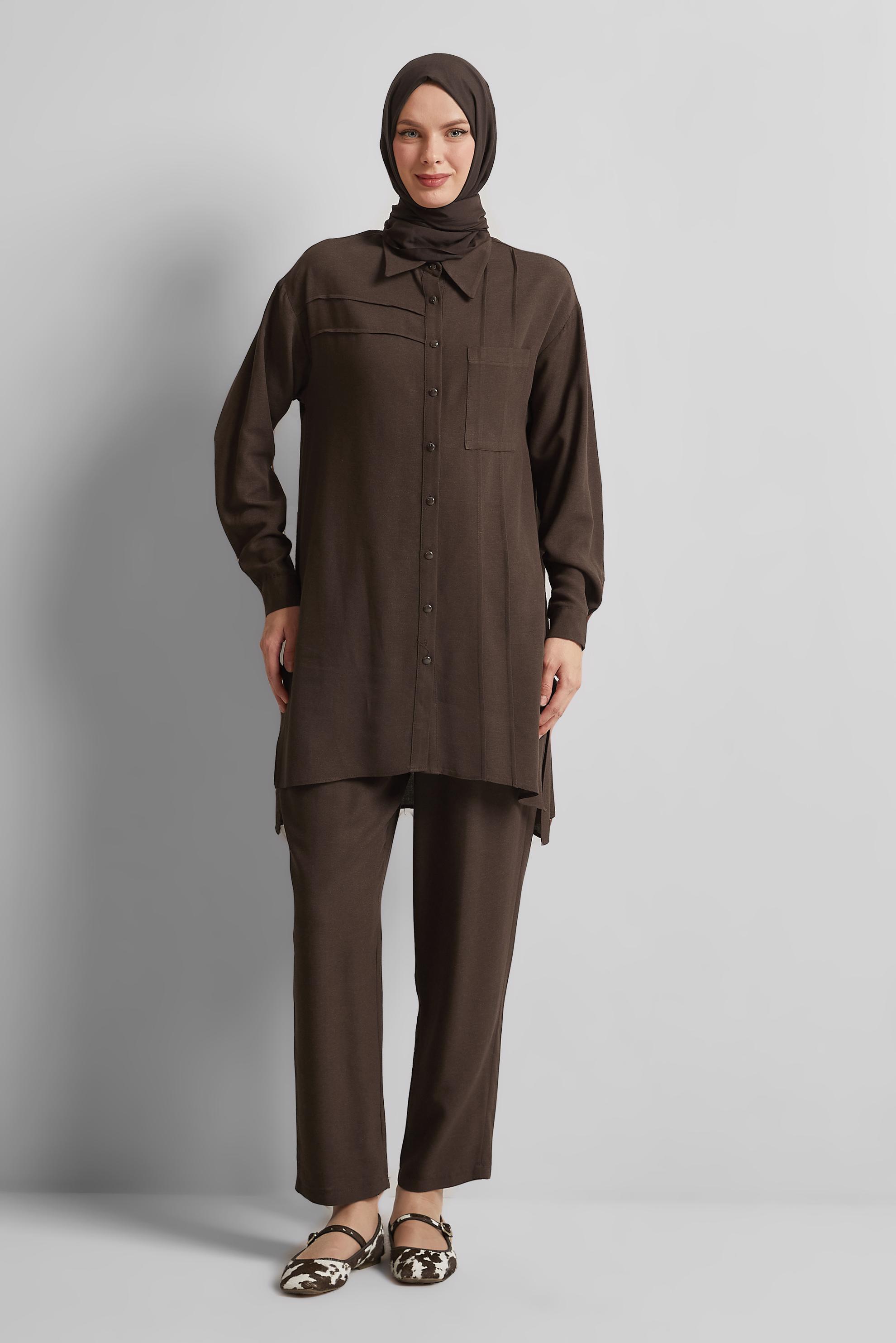 Tesettür giyim KAHVE PANTOLONLU VİSKON KETEN TAKIM 45613