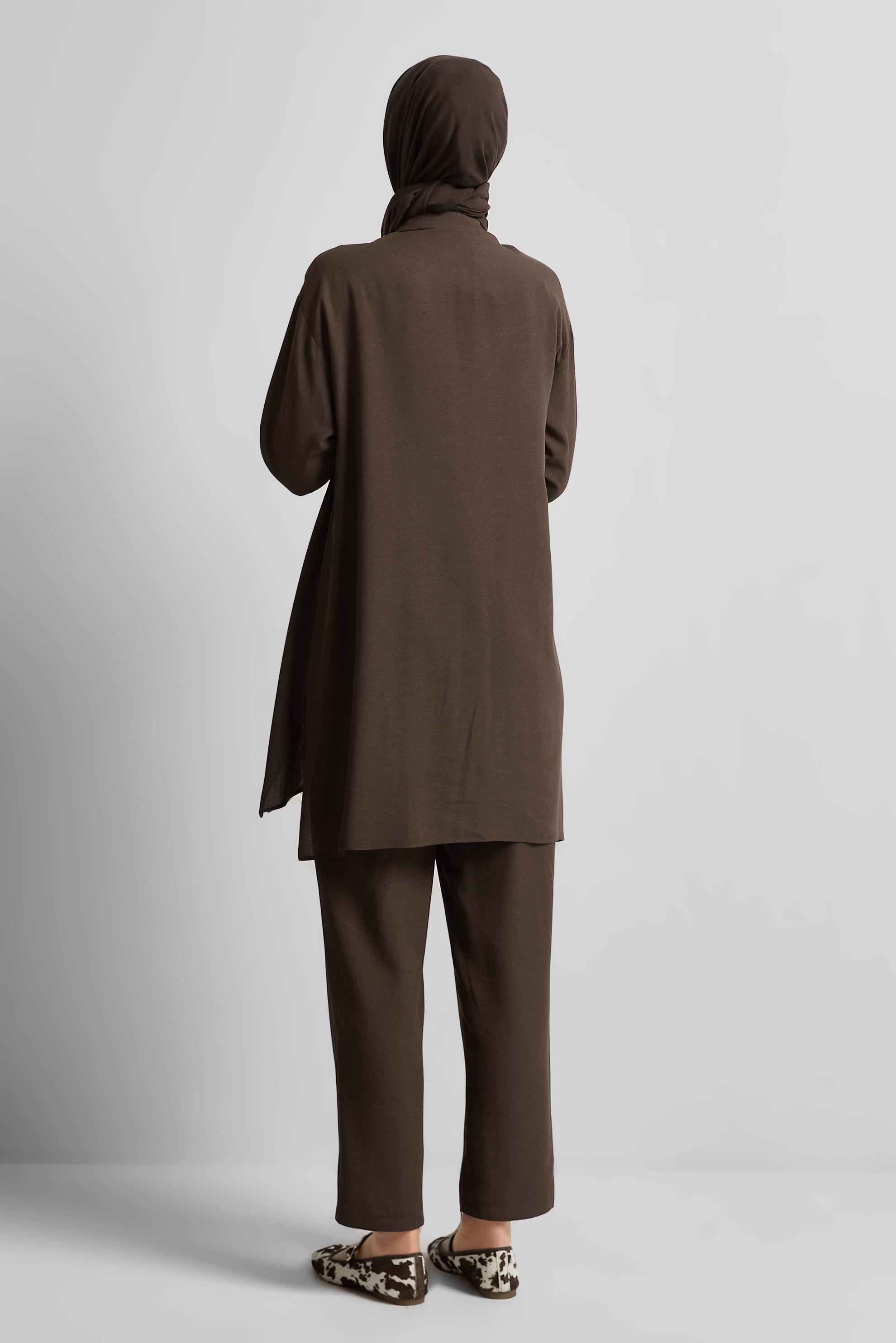 Tesettür giyim KAHVE PANTOLONLU VİSKON KETEN TAKIM 45613