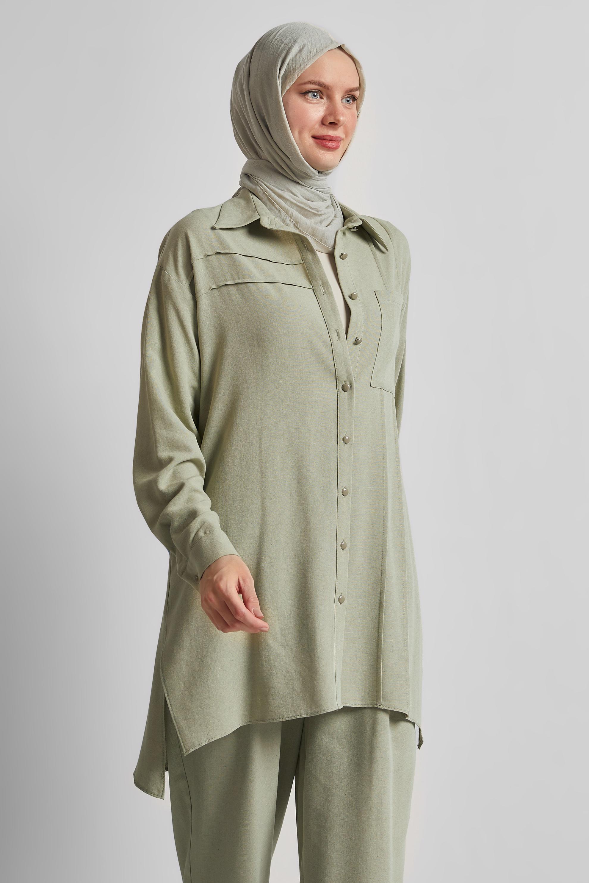 Tesettür giyim YEŞİL PANTOLONLU VİSKON KETEN TAKIM 45613