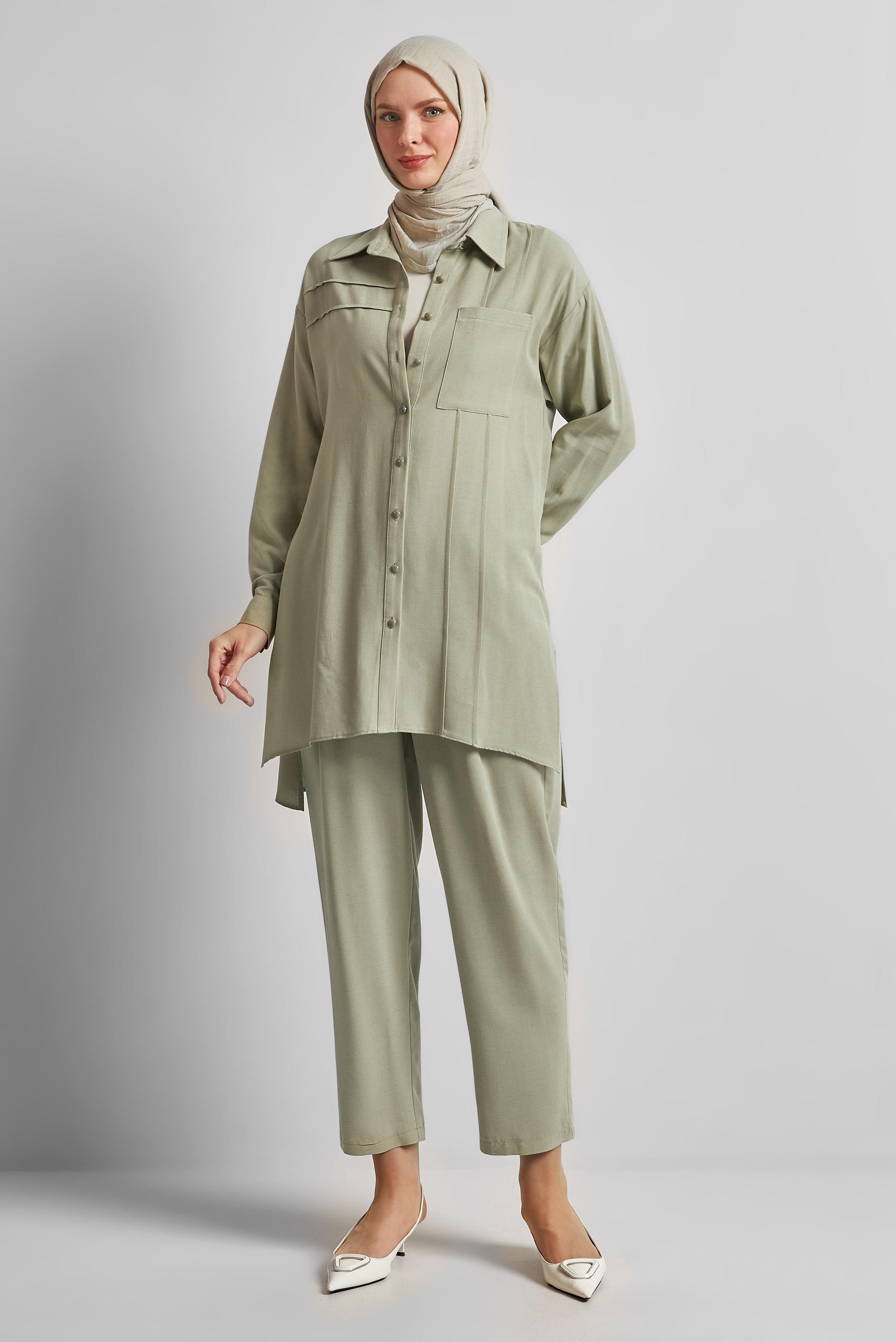 Tesettür giyim YEŞİL PANTOLONLU VİSKON KETEN TAKIM 45613