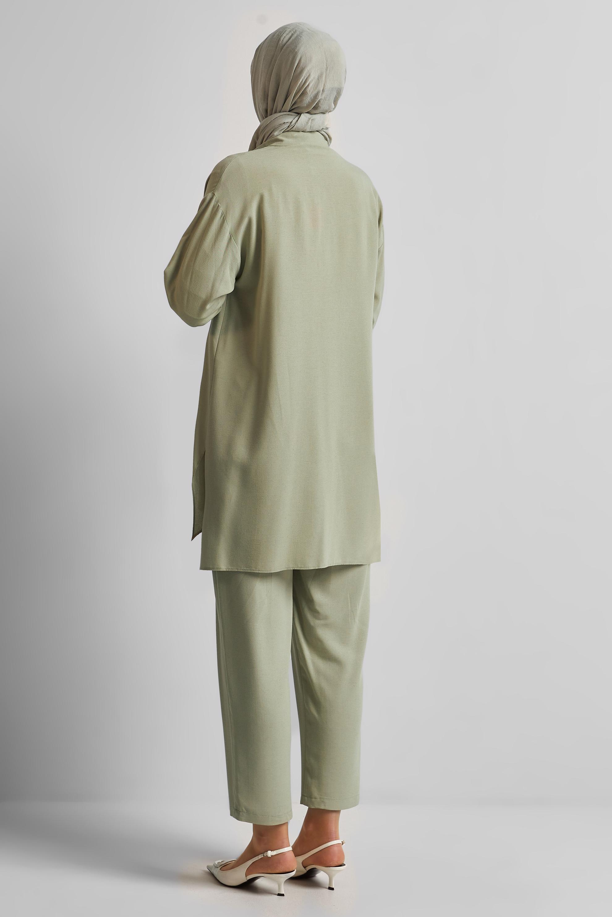 Tesettür giyim YEŞİL PANTOLONLU VİSKON KETEN TAKIM 45613