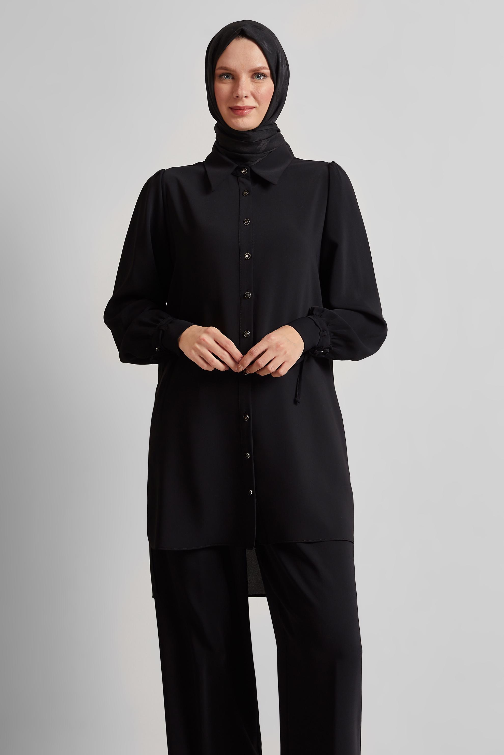 Tesettür giyim SİYAH GÖMLEK YAKA PANTOLONLU TAKIM 45617