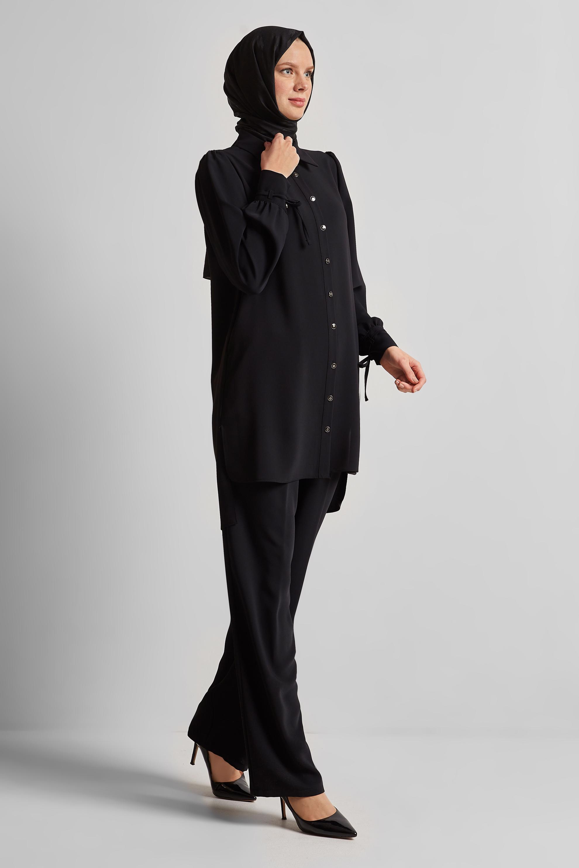 Tesettür giyim SİYAH GÖMLEK YAKA PANTOLONLU TAKIM 45617