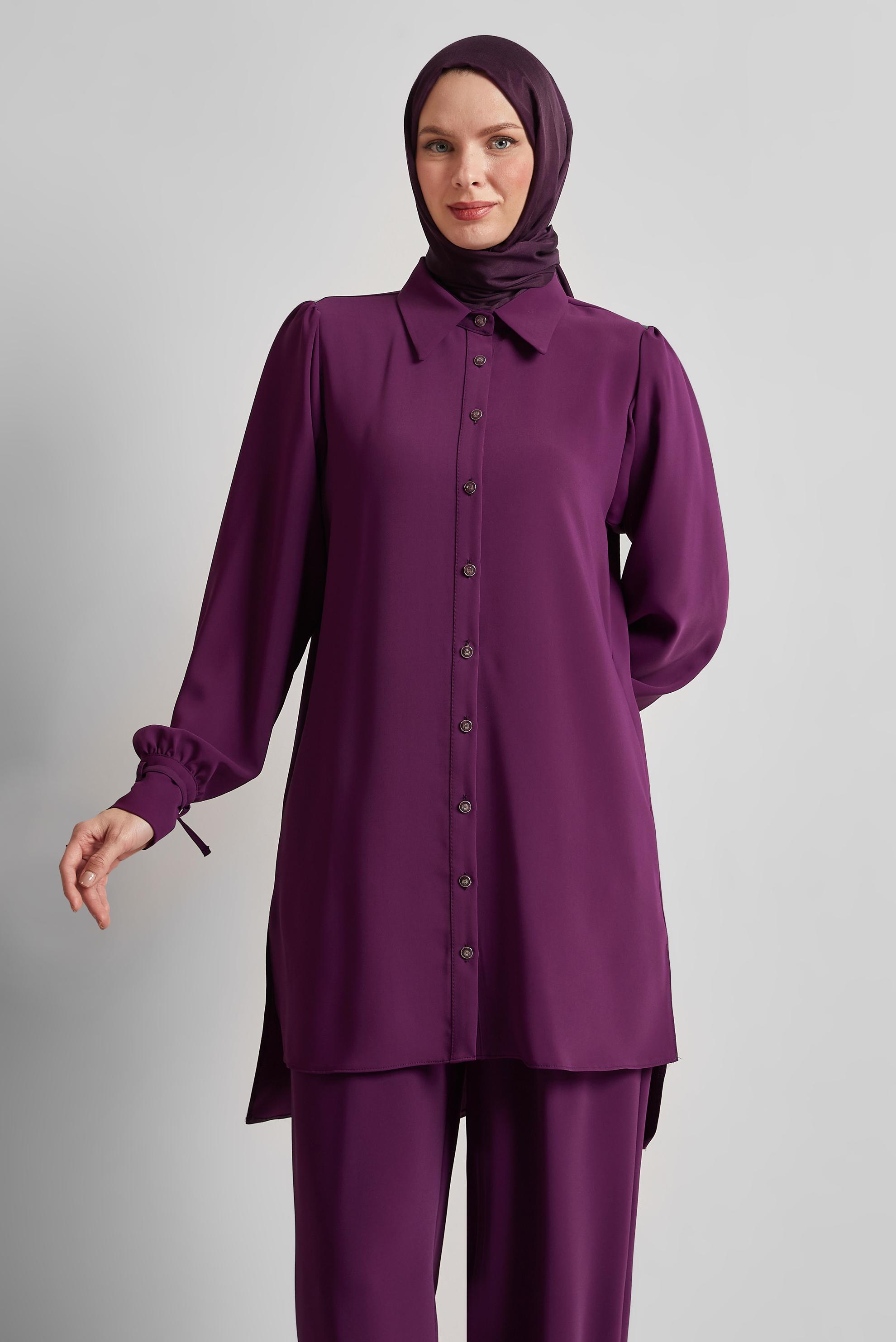 Tesettür giyim MOR GÖMLEK YAKA PANTOLONLU TAKIM 45617