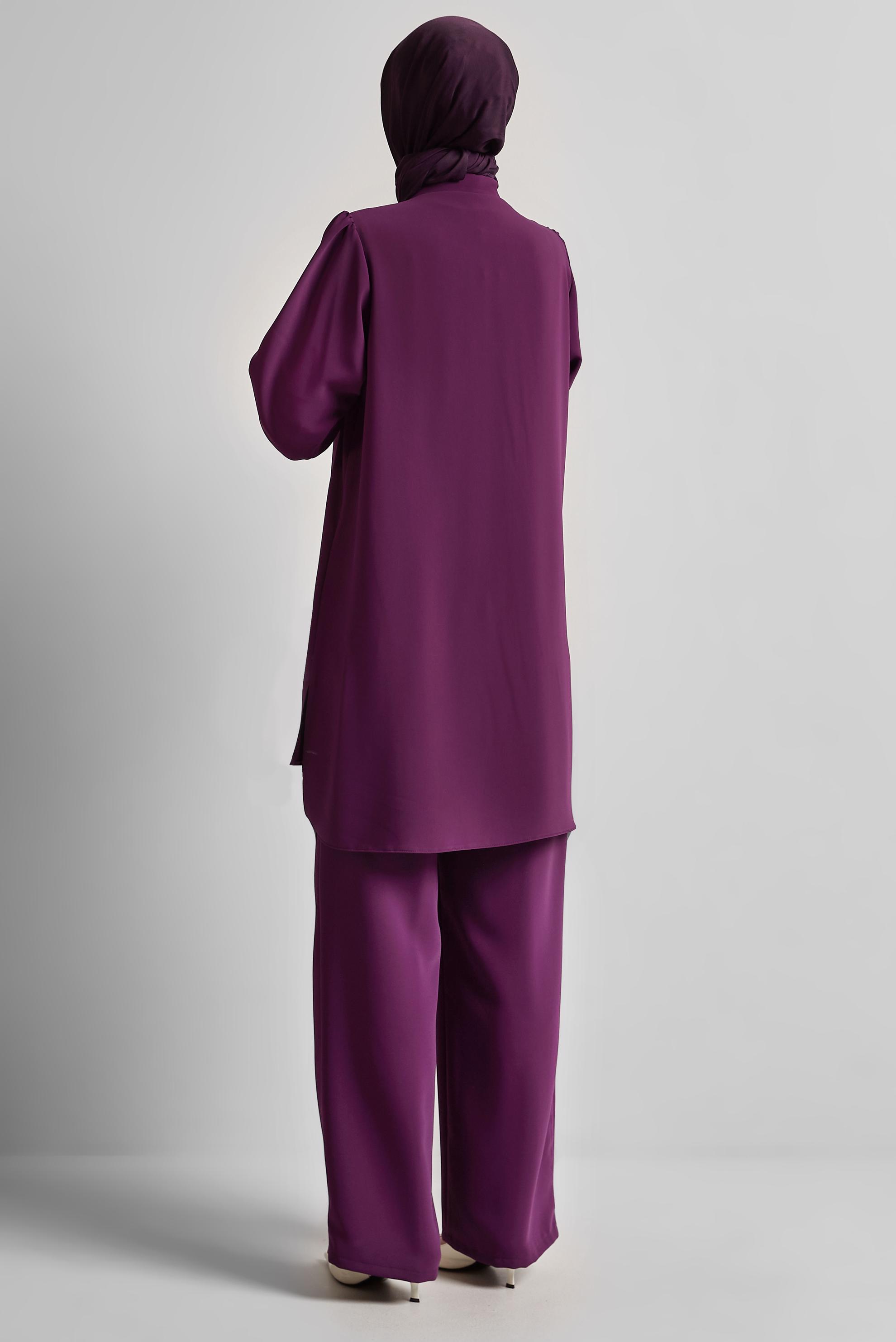 Tesettür giyim MOR GÖMLEK YAKA PANTOLONLU TAKIM 45617