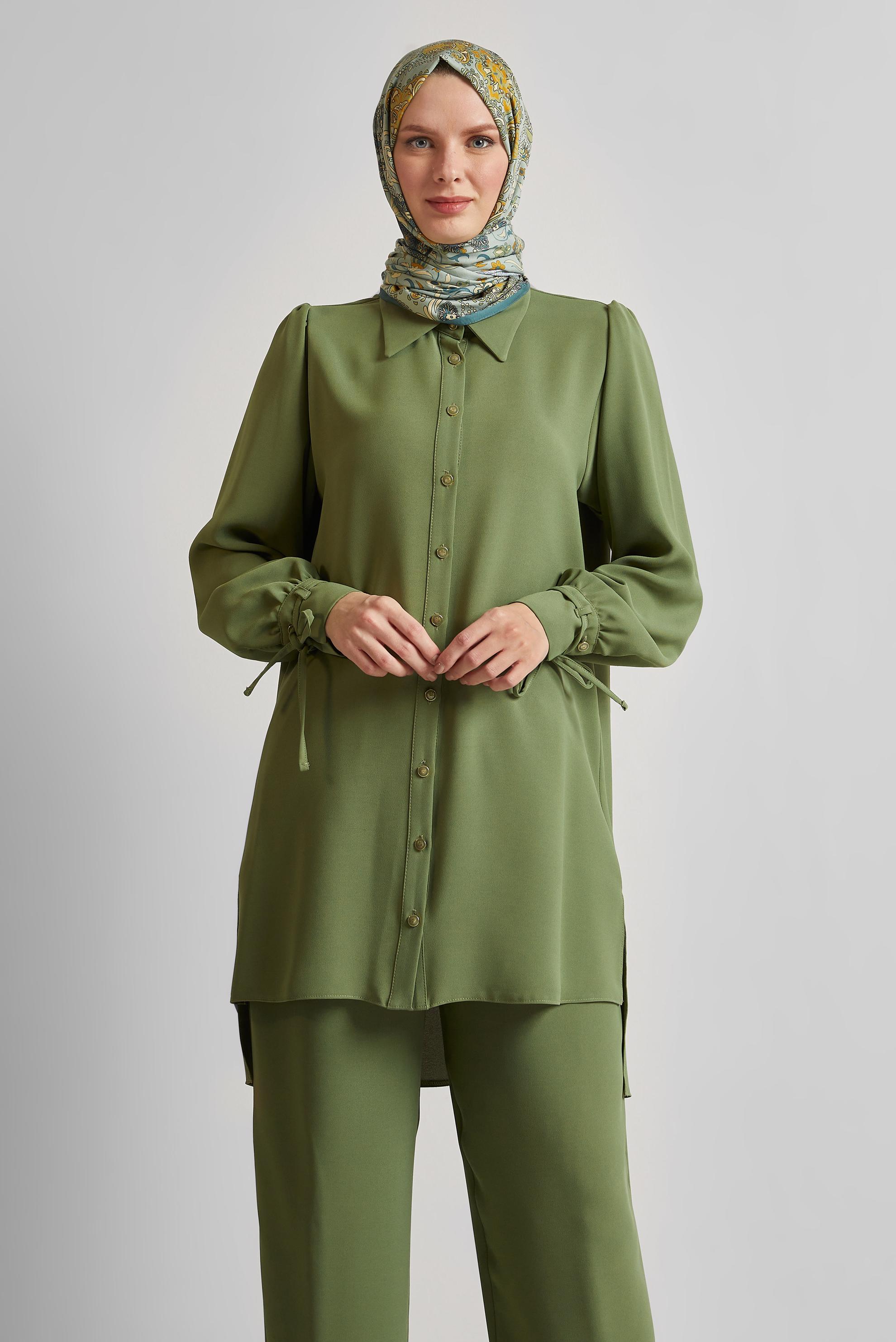 Tesettür giyim HAKİ GÖMLEK YAKA PANTOLONLU TAKIM 45617