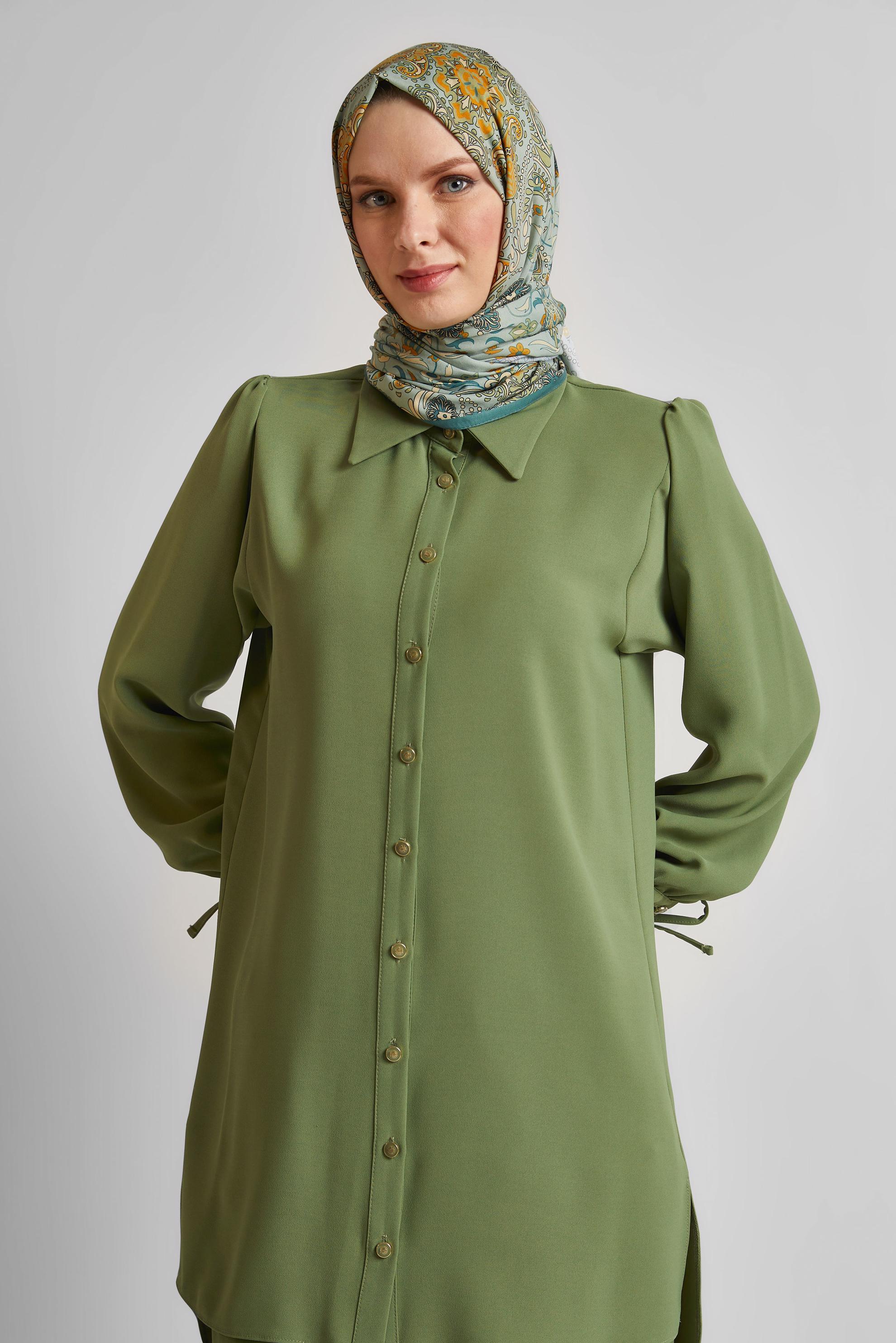 Tesettür giyim HAKİ GÖMLEK YAKA PANTOLONLU TAKIM 45617