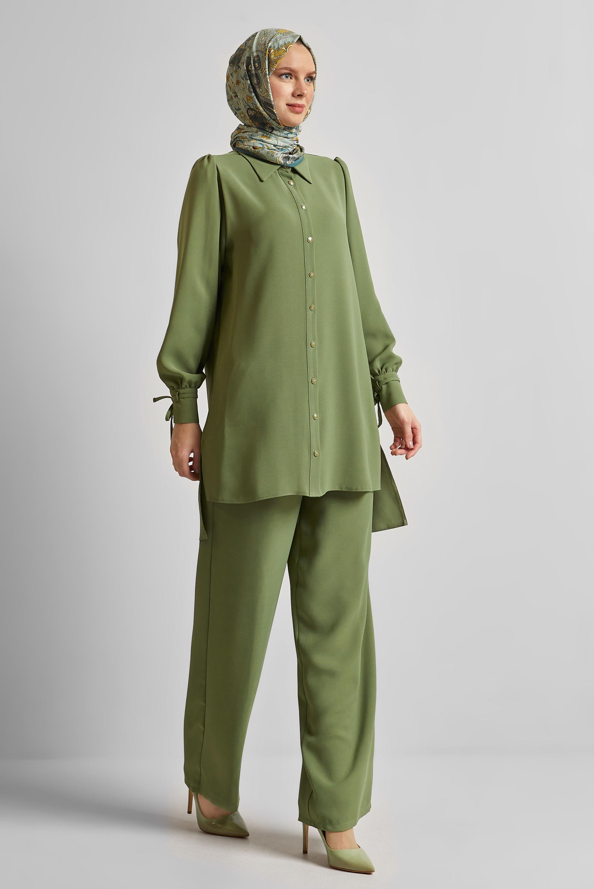 Tesettür giyim HAKİ GÖMLEK YAKA PANTOLONLU TAKIM 45617