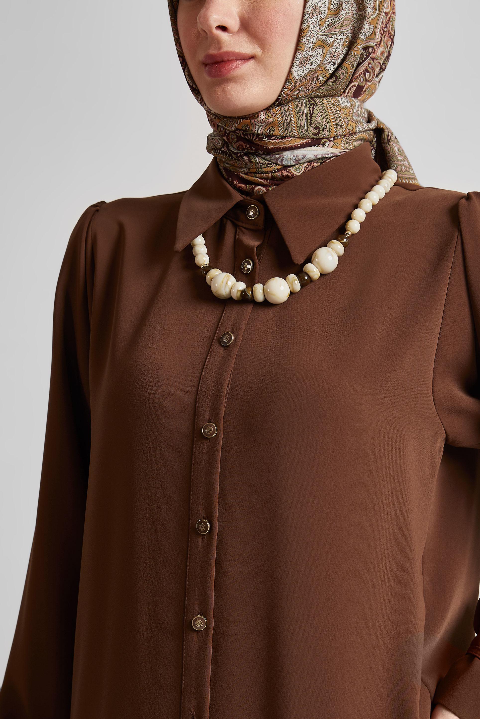 Tesettür giyim KAHVE GÖMLEK YAKA PANTOLONLU TAKIM 45617