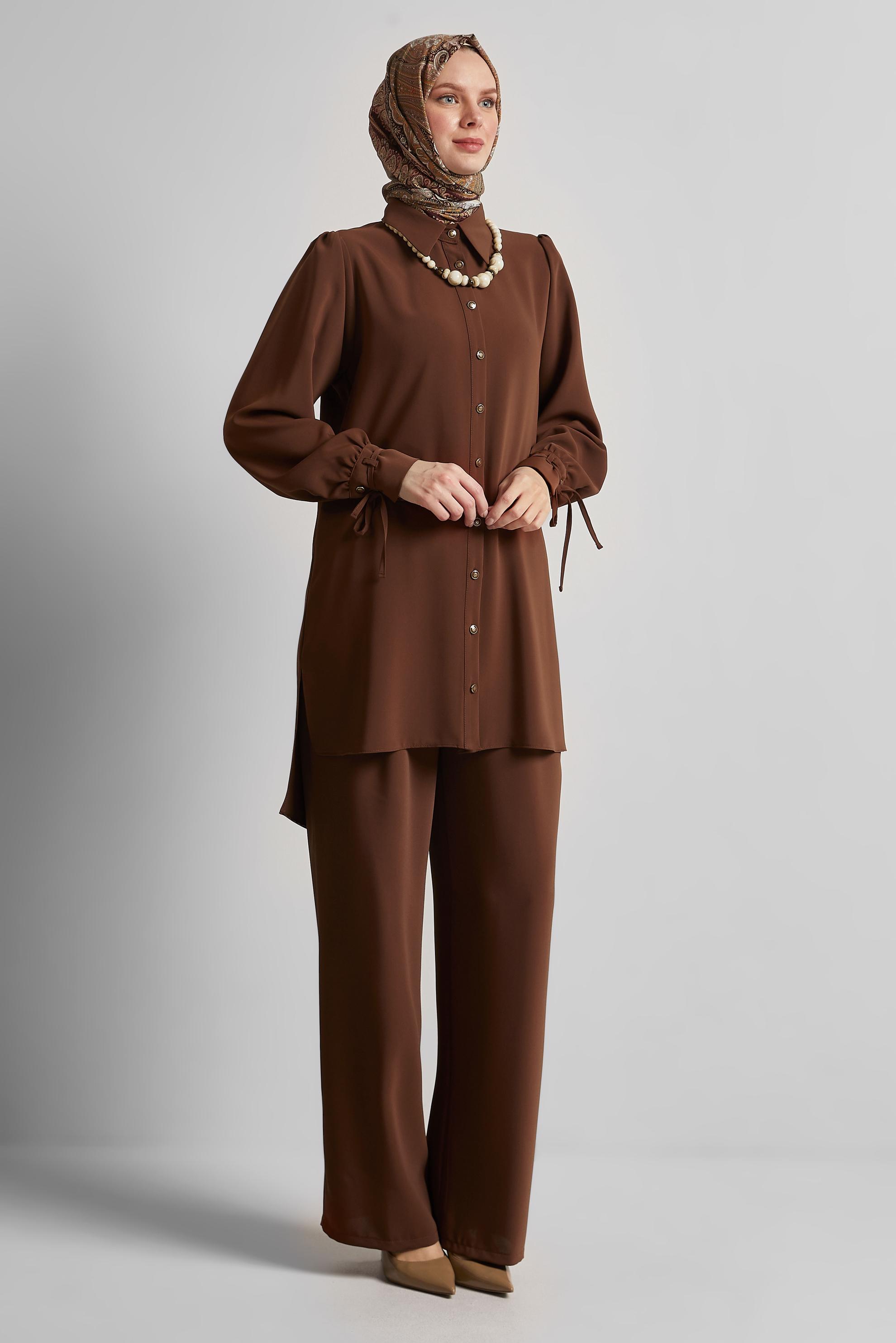 Tesettür giyim KAHVE GÖMLEK YAKA PANTOLONLU TAKIM 45617
