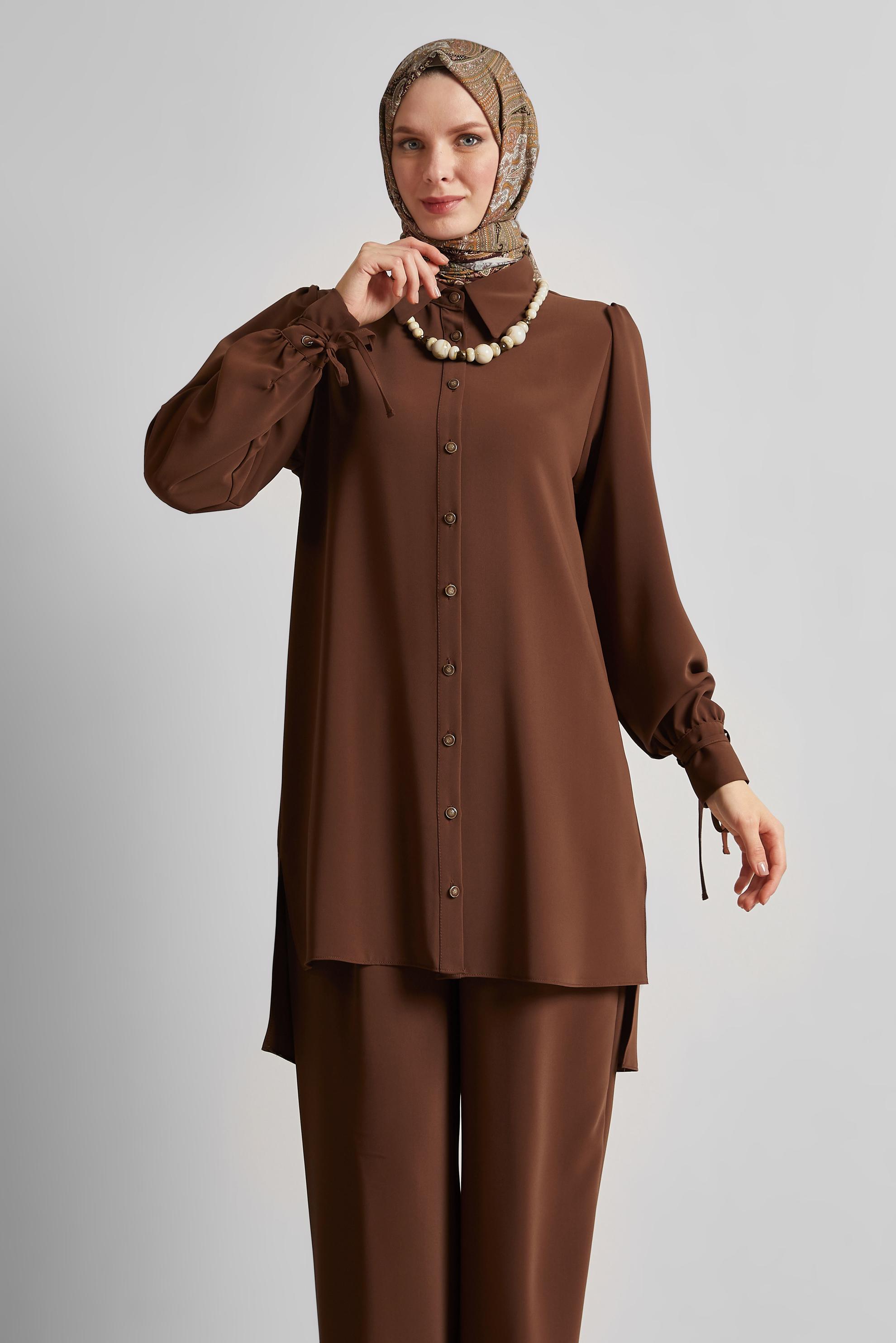 Tesettür giyim KAHVE GÖMLEK YAKA PANTOLONLU TAKIM 45617